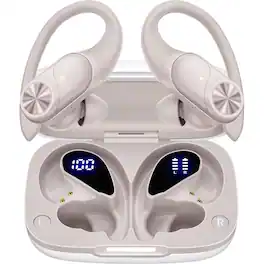 PRIMEPLUS - Bluetooth Headphones Wireless Earbuds 80hrs Playtime Wireless Sport Ear Earbuds with Earhook, IPX7 Over-Ear Earphones - Beige