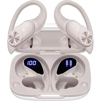 Front. PRIMEPLUS - Bluetooth Headphones Wireless Earbuds 80hrs Playtime Wireless Sport Ear Earbuds with Earhook, IPX7 Over-Ear Earphones - Beige.