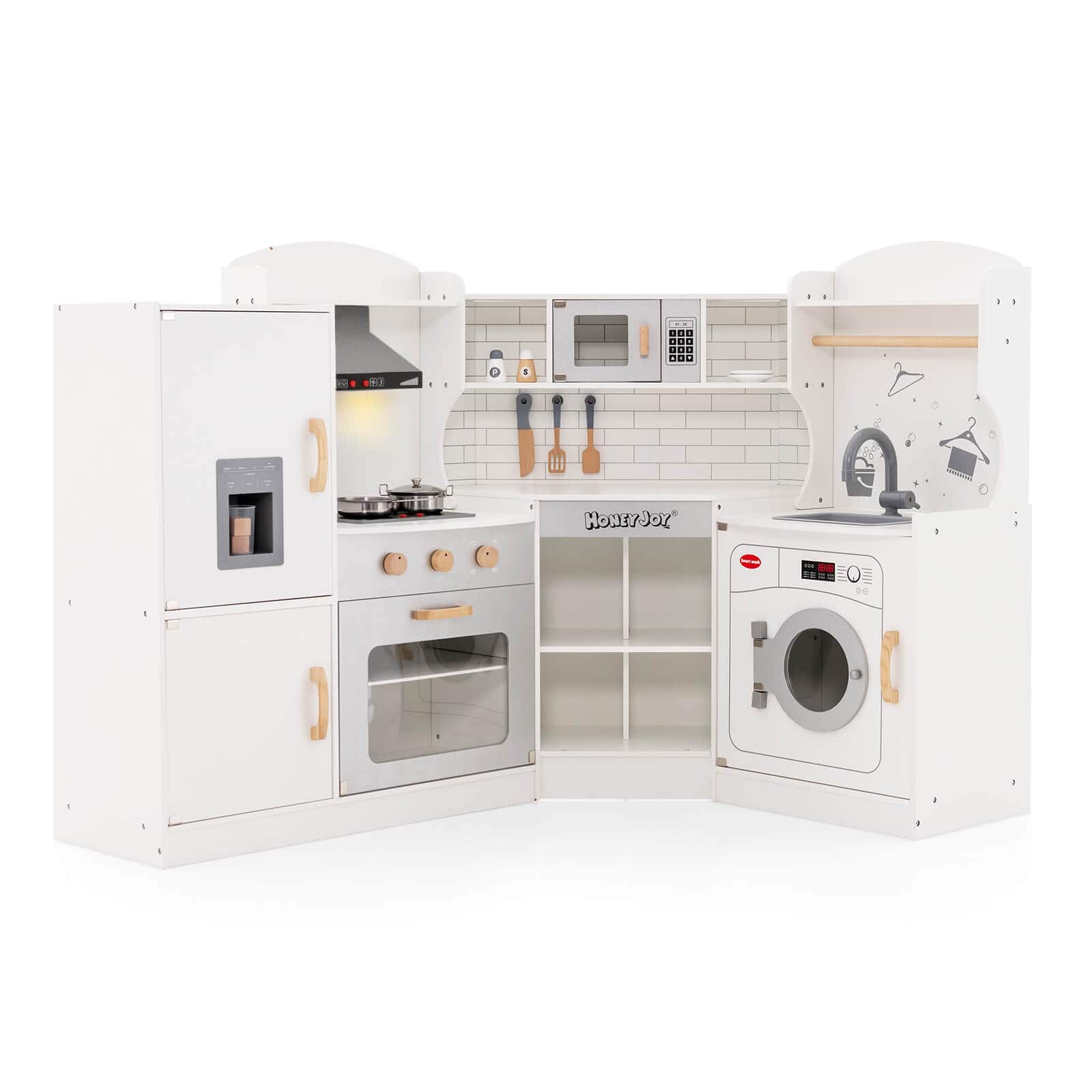 Front. Costway - Costway Corner Play Kitchen Toddler Kitchen Playset with Range Hood, Ice Maker, Microwave - White.