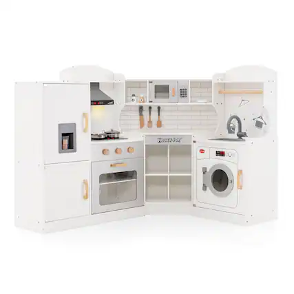 Front. Costway - Costway Corner Play Kitchen Toddler Kitchen Playset with Range Hood, Ice Maker, Microwave - White.