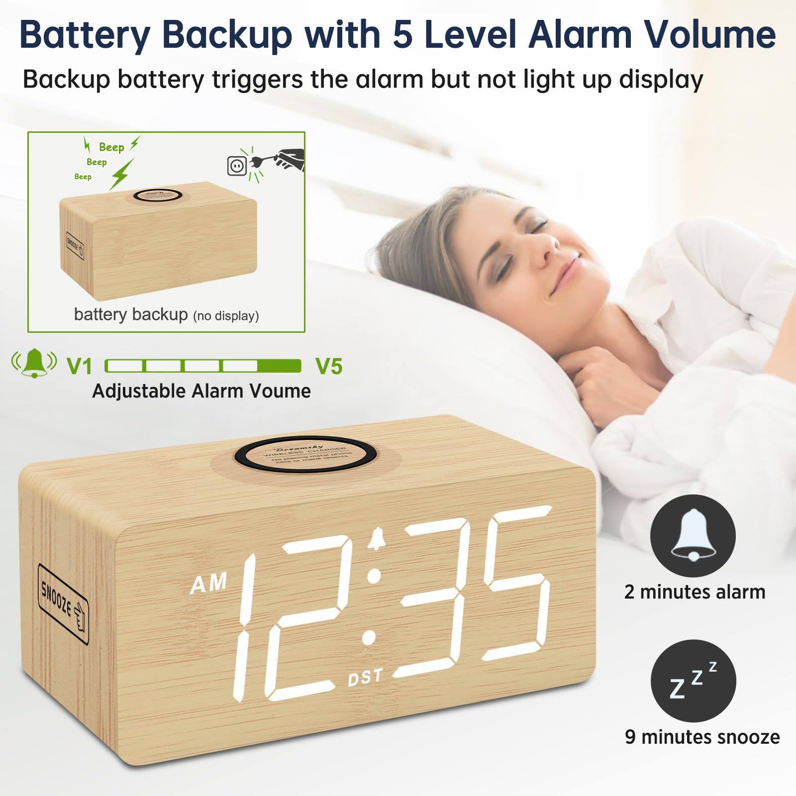 Battery Backup with 5 Level Alarm Volume  
Backup battery triggers the alarm but not light up display  

Beep Beep Beep  
battery backup (no display)  

V1 V5  
Adjustable Alarm Volume  

AM 2 minutes alarm  
SN0OZE 12:35  
DST  
9 minutes snooze