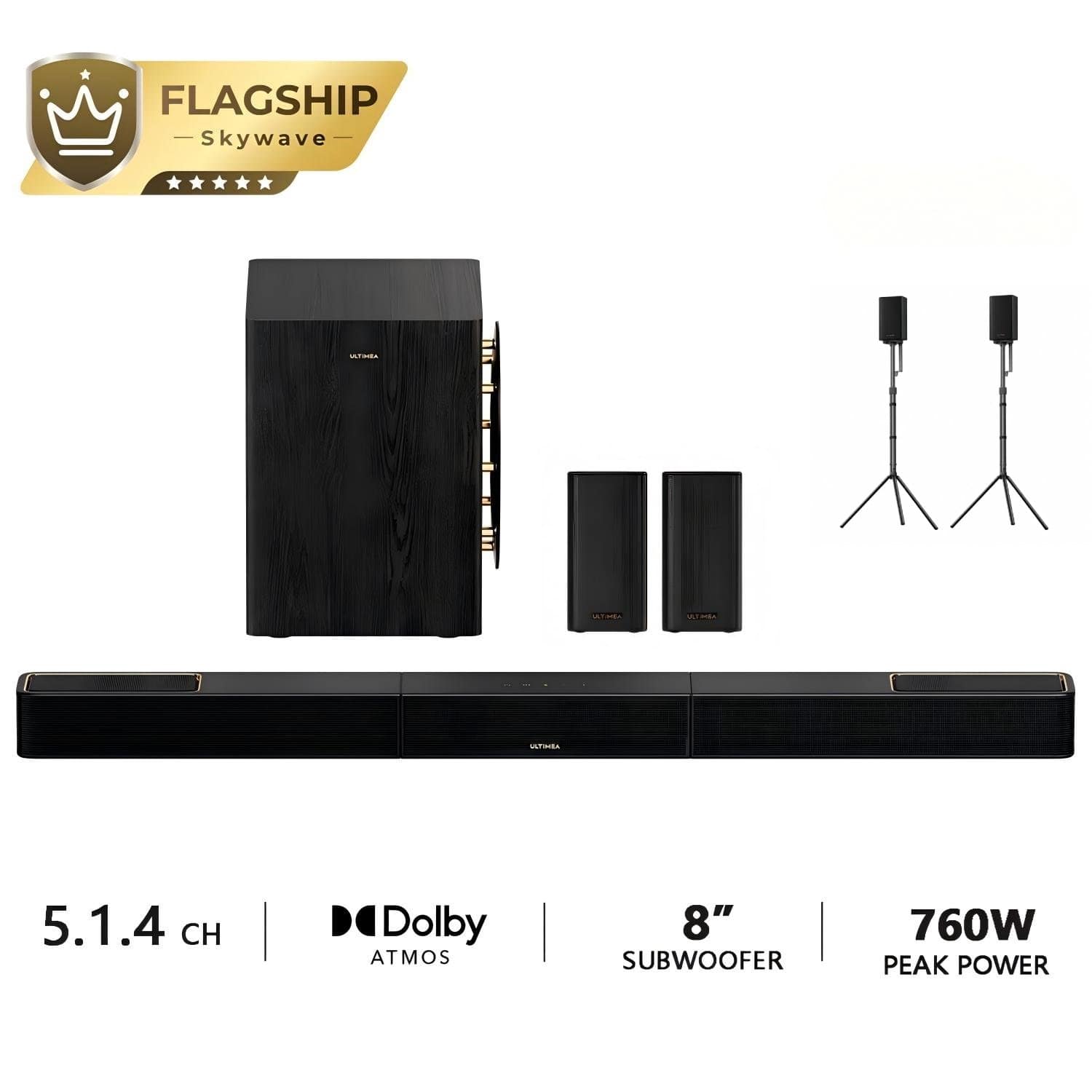 Ultimea - Skywave Series 5.1.4ch Sound Bar with Dolby Atmos, Wireless Surround Sound System, 8" Subwoofer + Speaker Stand - Black