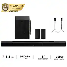 Ultimea - Skywave Series 5.1.4ch Sound Bar with Dolby Atmos, Wireless Surround Sound System, 8" Subwoofer + Speaker Stand - Black