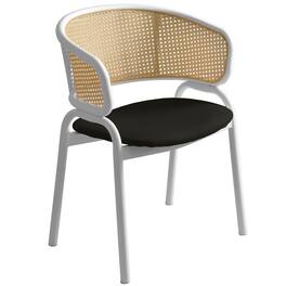LeisureMod - Ervilla Modern Rattan Dining Chair, Leather Upholstered Kitchen Side Accent Chair with White Metal Frame - Black
