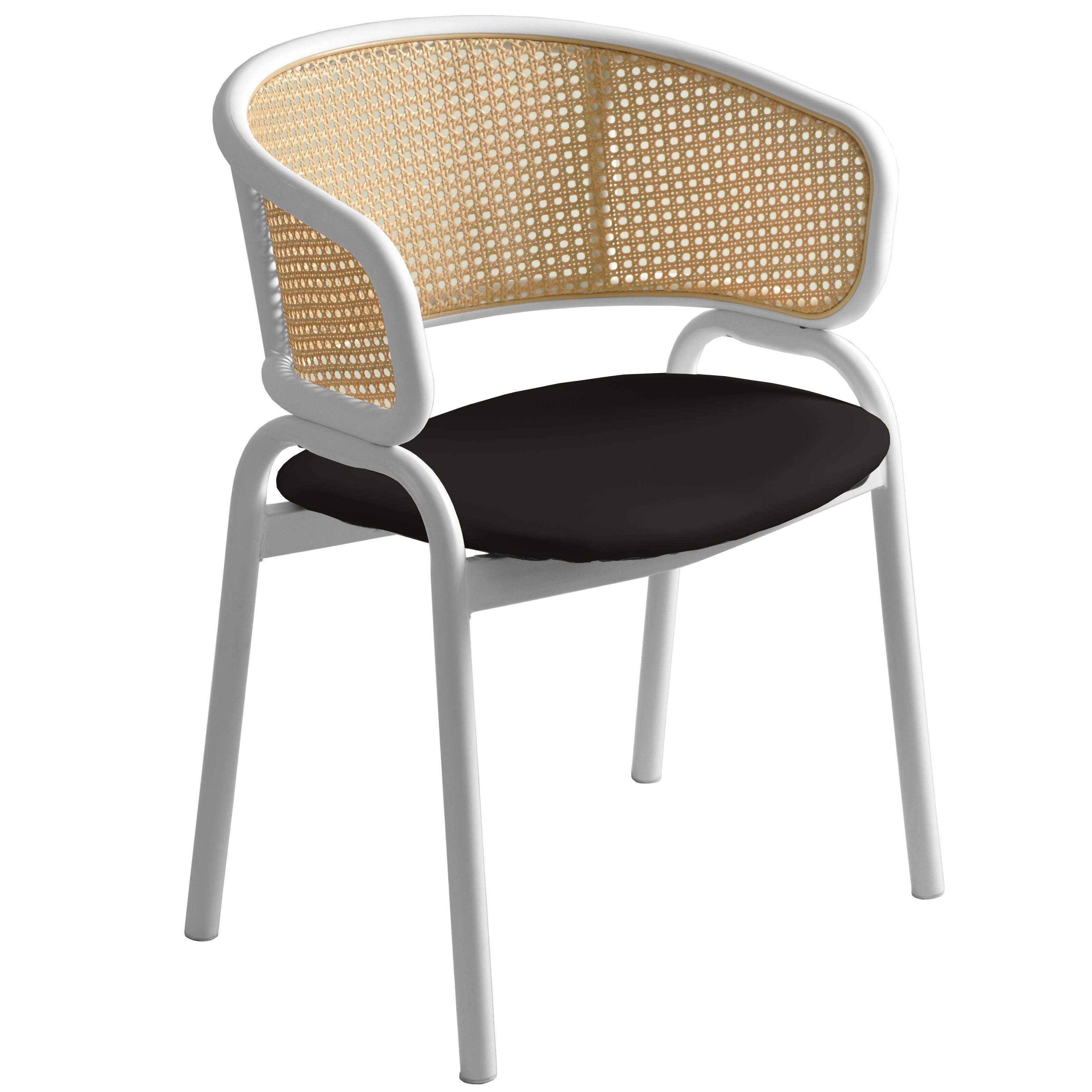 Front. LeisureMod - Ervilla Modern Rattan Dining Chair, Leather Upholstered Kitchen Side Accent Chair with White Metal Frame - Black.
