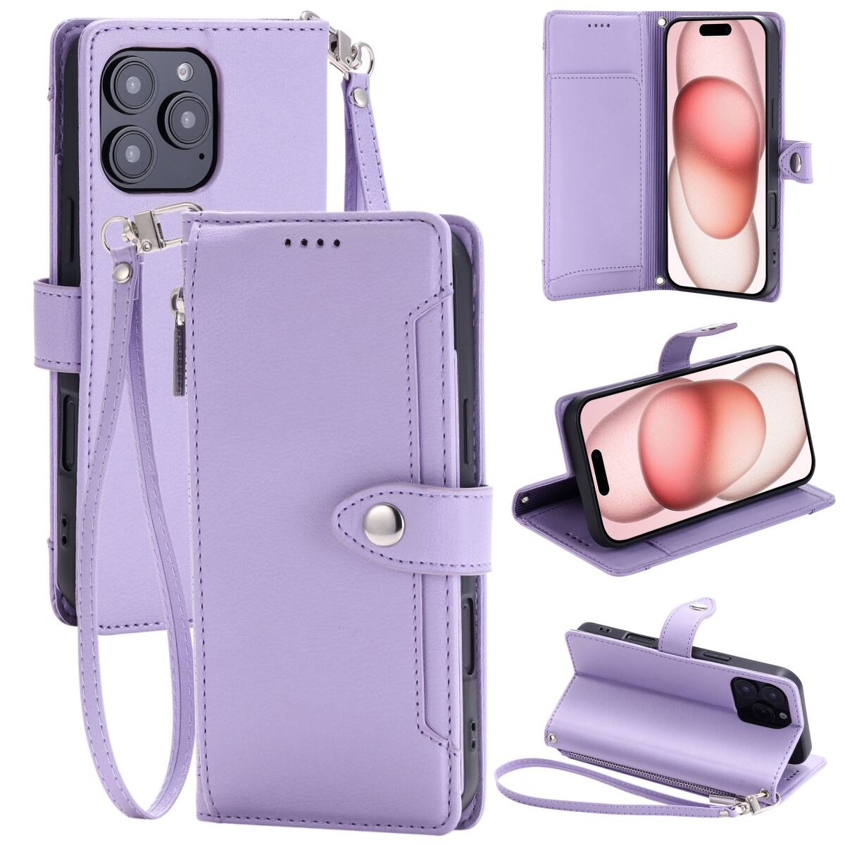 The image shows a purple leather phone case with multiple views.