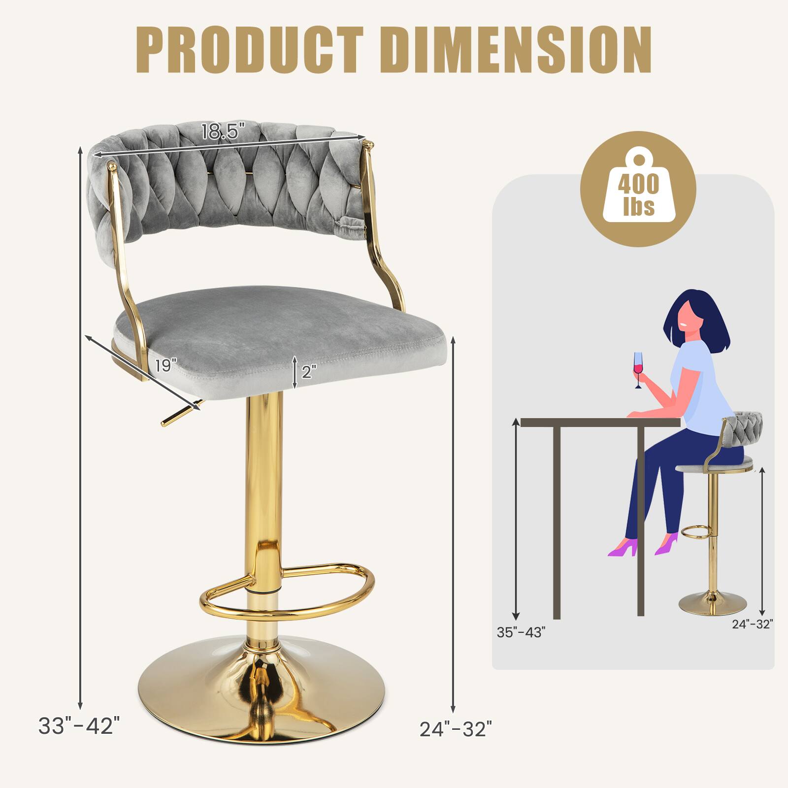 PRODUCT DIMENSION
18.5"
19"
2"
35"-43"
24"-32"
33"-42"
400 lbs