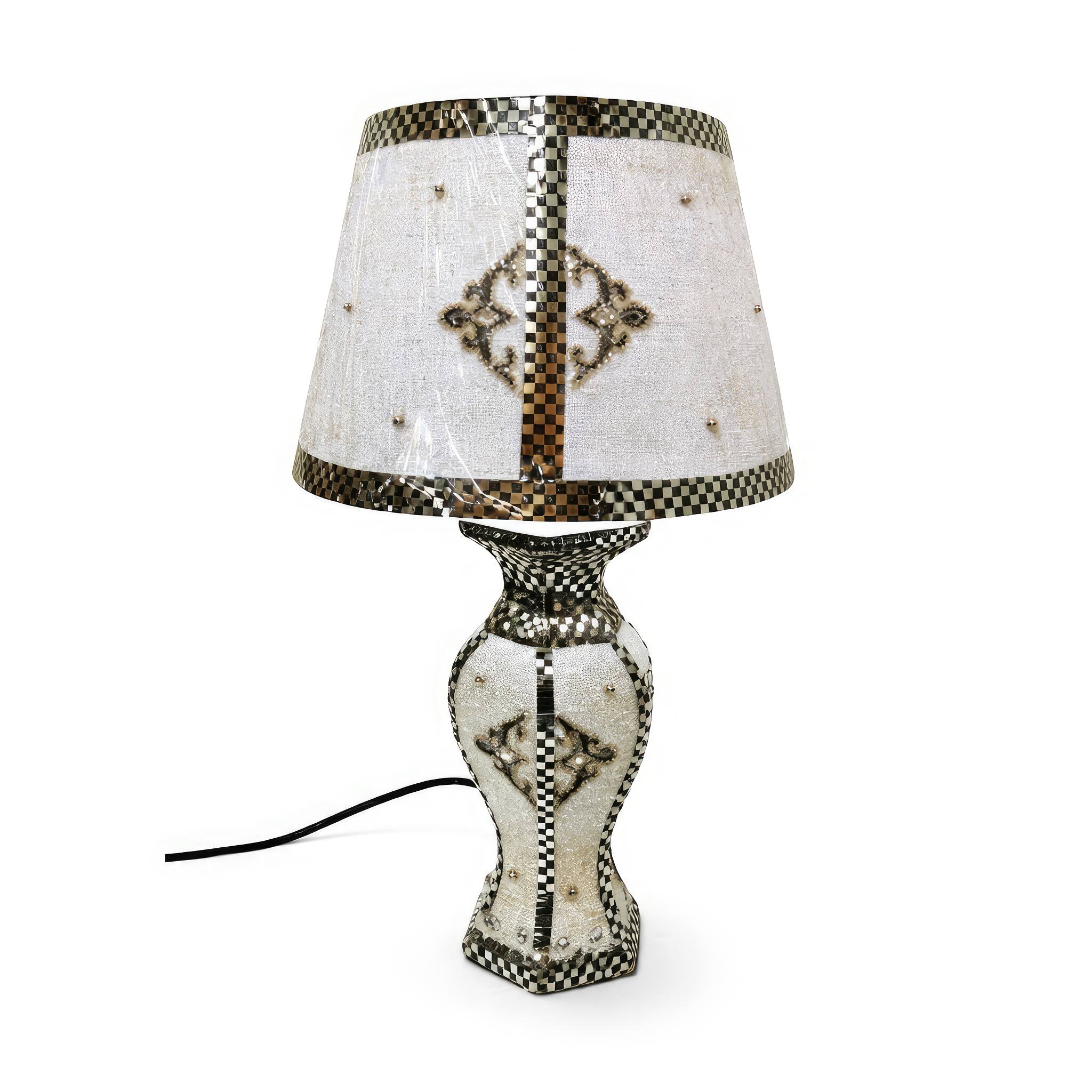 Angle. FC Design - 20.5"H Black & Silver Checkered Vase w/ Ornamental Symbol Shade Table Lamp.