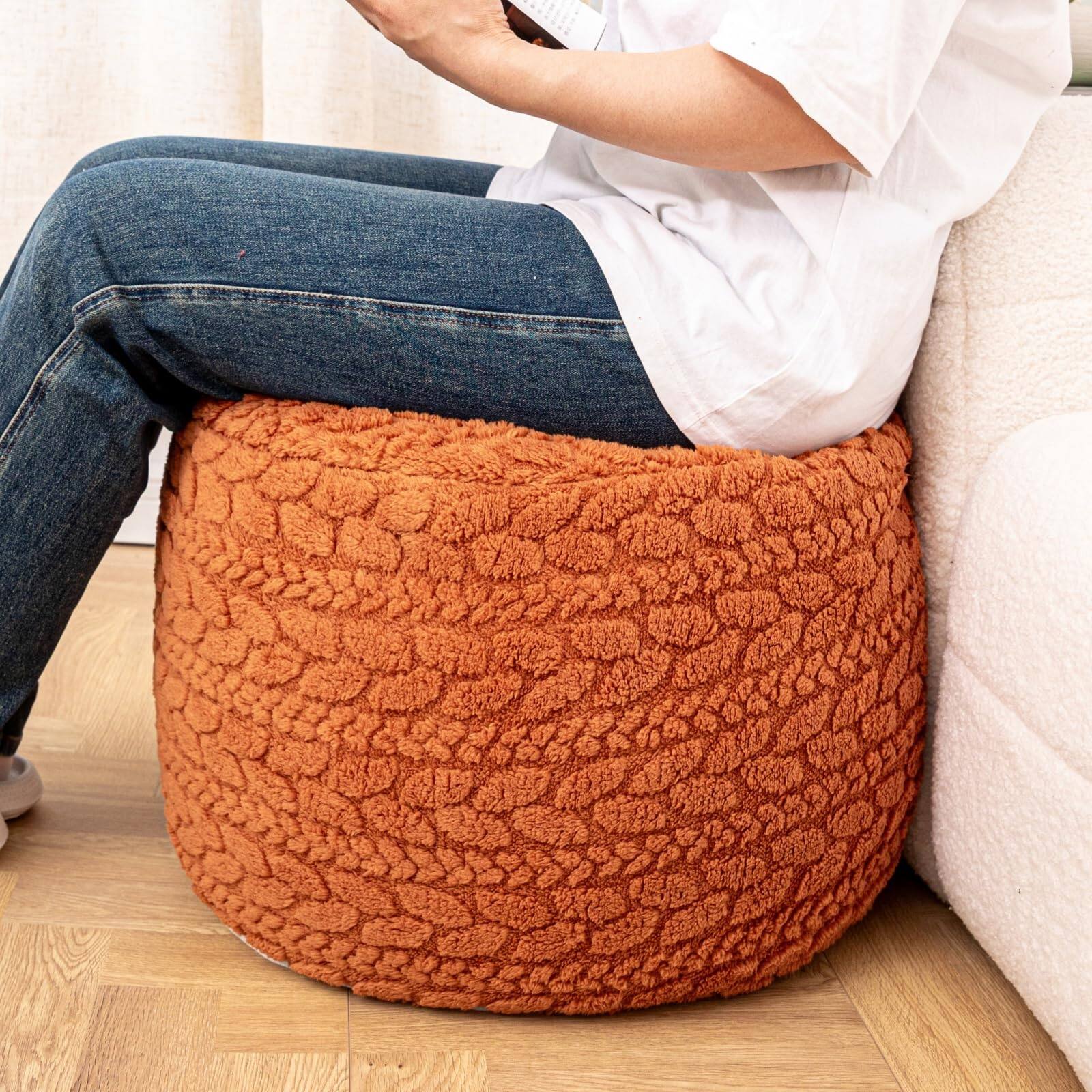 Alt View 5. JETRANSPORT - Round Pouf Ottoman 20 X 14 Inches Boho Poof Home Decor Floor Pouffe Foot Rest For Couch Sofa Bean Bag - Light Coffee.