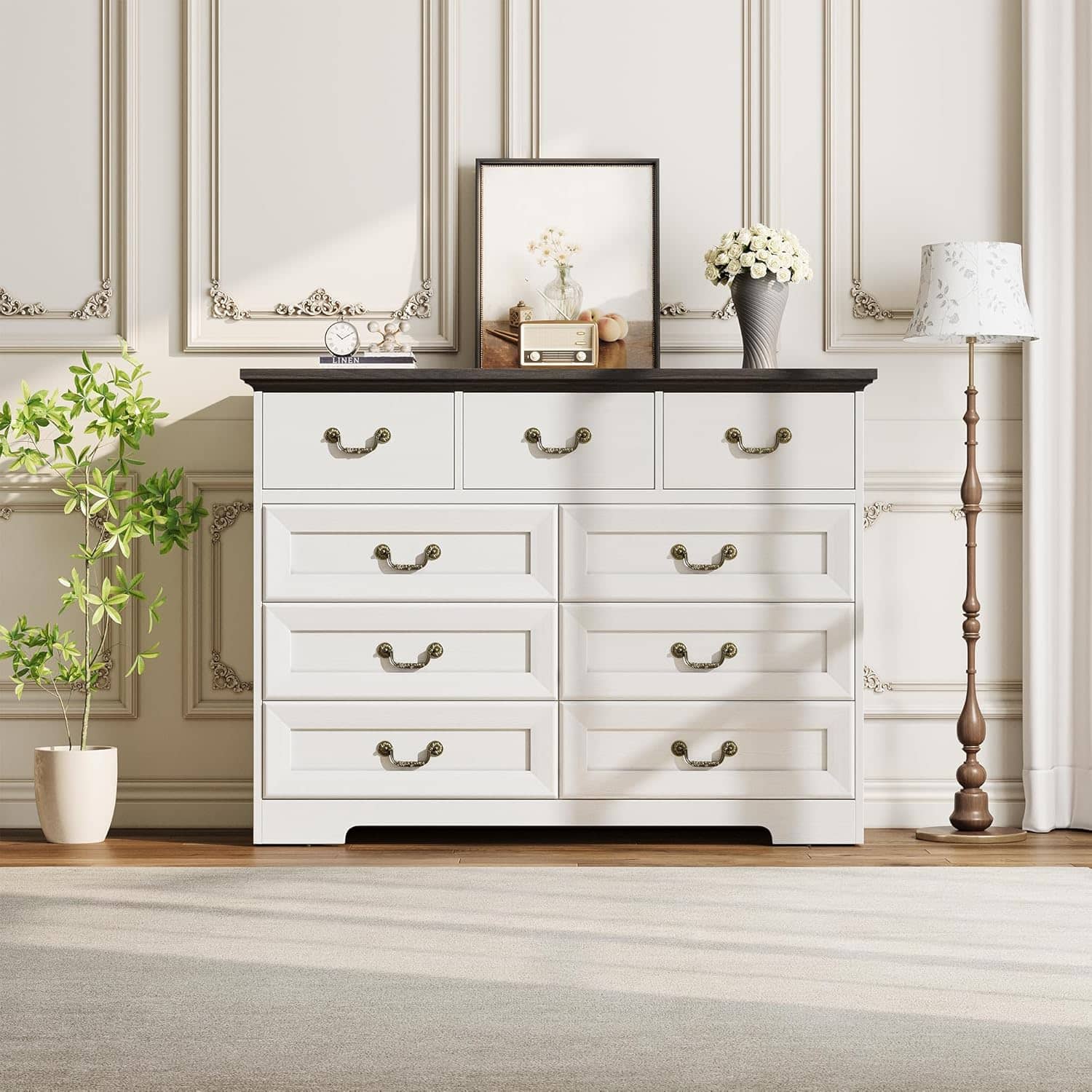 Homhougo - Farmhouse 9-Drawer Dresser, Rustic Vintage Chest with Natural Texture, Spacious Storage Organizer Hallway - White