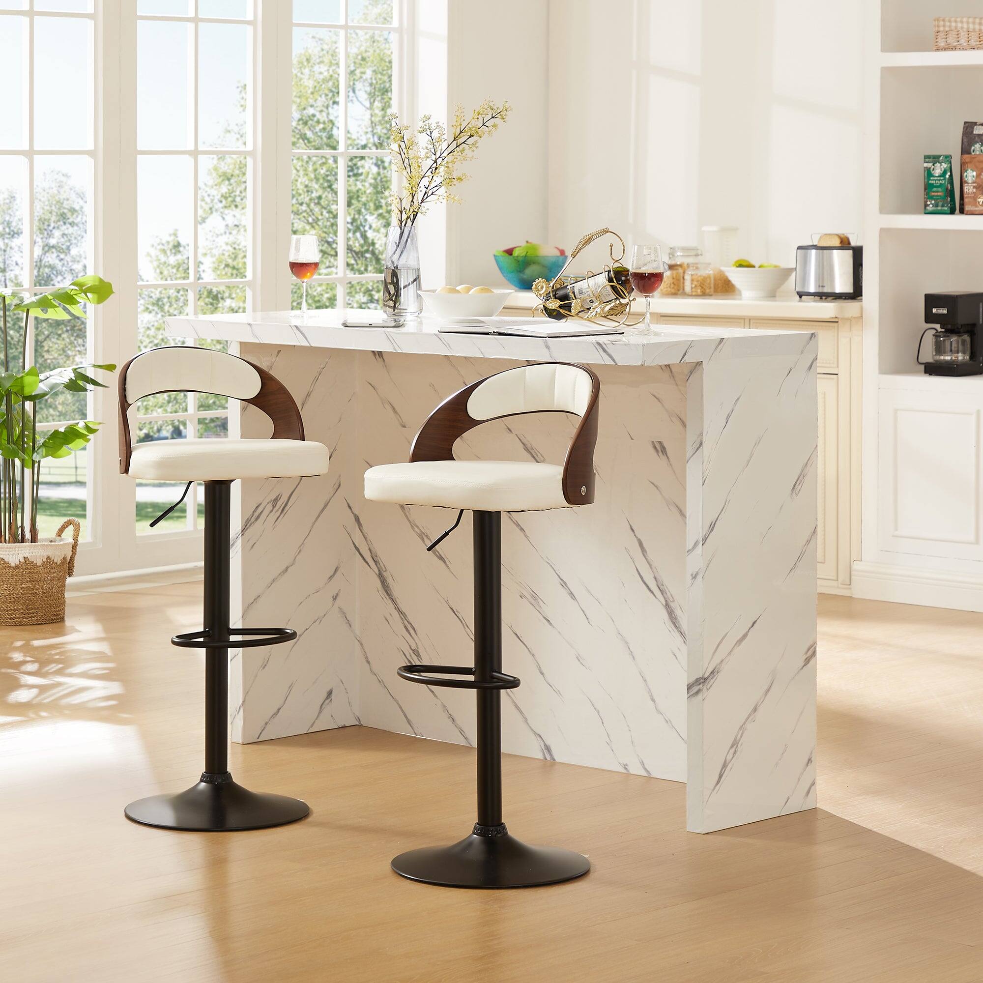 Alt View 2. Vecelo - Set of 2 Swivel Bar Stools with Adjustable Height - 360° Rotation, PU Leather & Metal Base, 330lb Capacity - White.