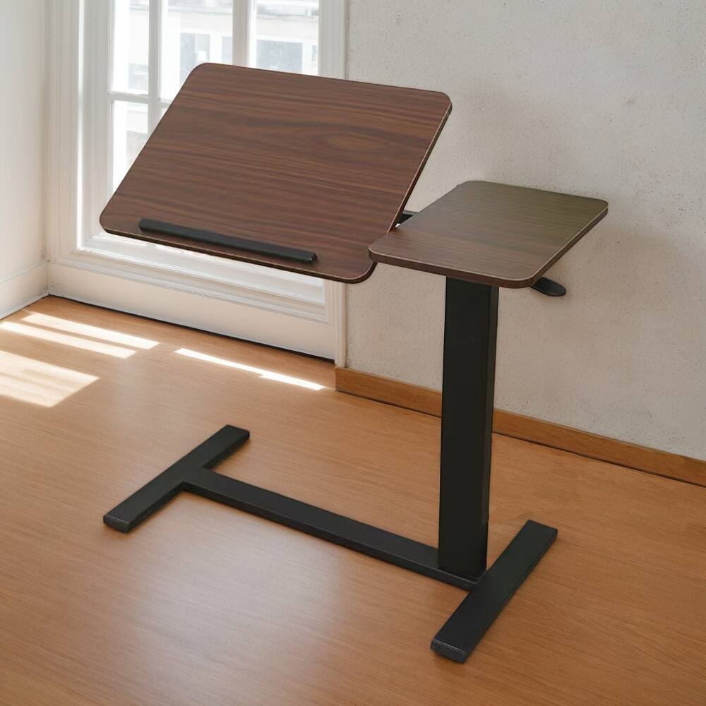 Left. Loheer - Loheer Walnut Overbed Table Rolling Laptop Stand Adjustable Height Bedside Desk with Hidden Wheels Tilting Tray for Sofa - Walnut.