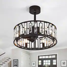 Breezary - 20-Inch Caged Indoor Ceiling Fan with Light and Remote DC Motor 5 ABS Blades 6 Speed Timer 6 Bulb Fixture Downrod Mount - Matte Black