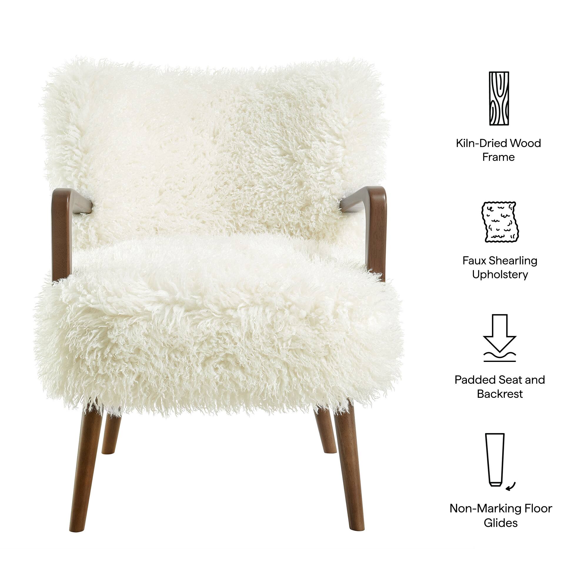 - Kiln-Dried Wood Frame
- Faux Shearling Upholstery
- Padded Seat and Backrest
- Non-Marking Floor Glides