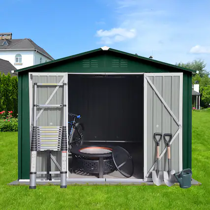 Front. Anysun - 8x10ft Metal Garden Shed with Apex Roof, Hinged Door & Integrated Vents, Heavy-Duty Outdoor Storage with Padlock - Green.