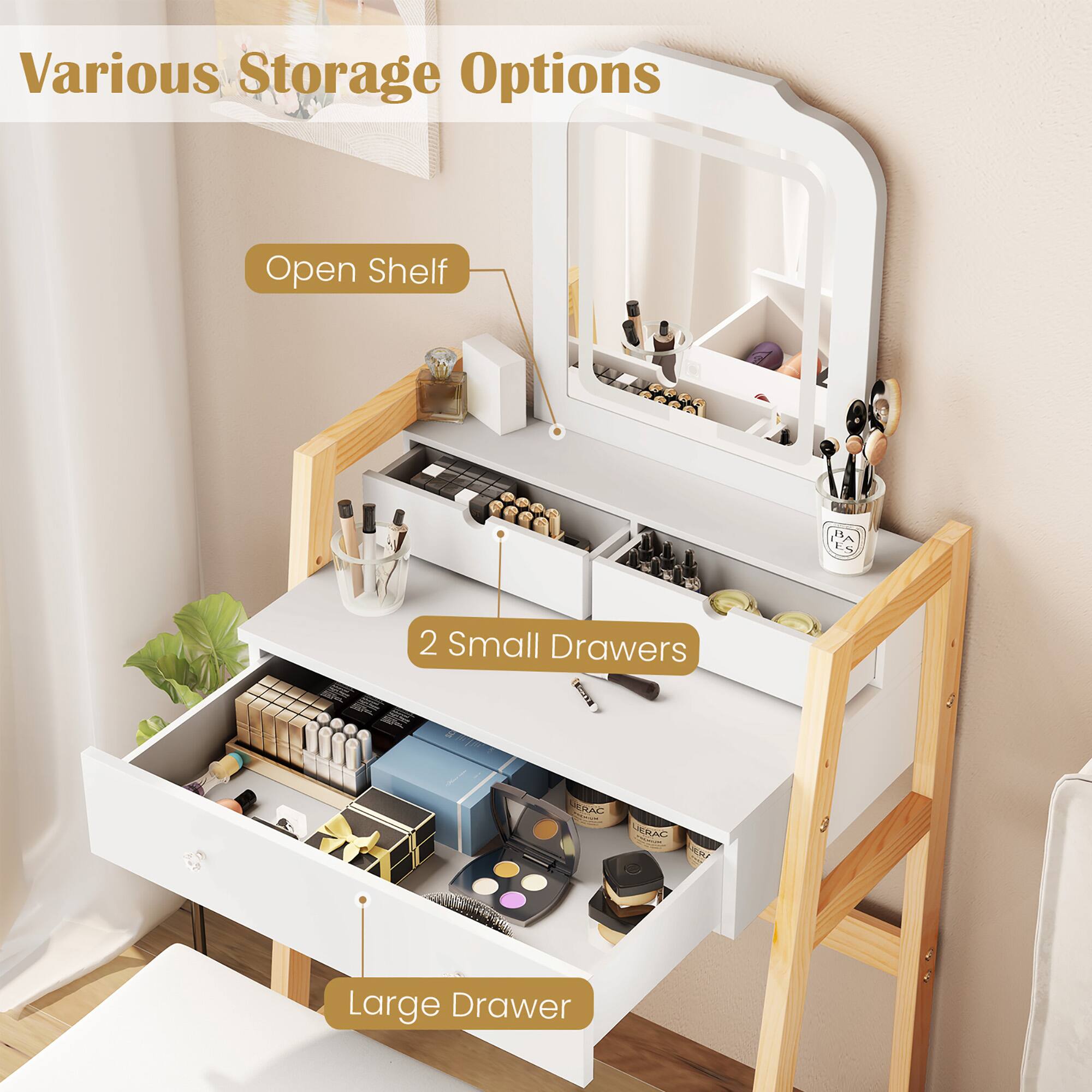 Various Storage Options

- Open Shelf
- 2 Small Drawers
- Large Drawer