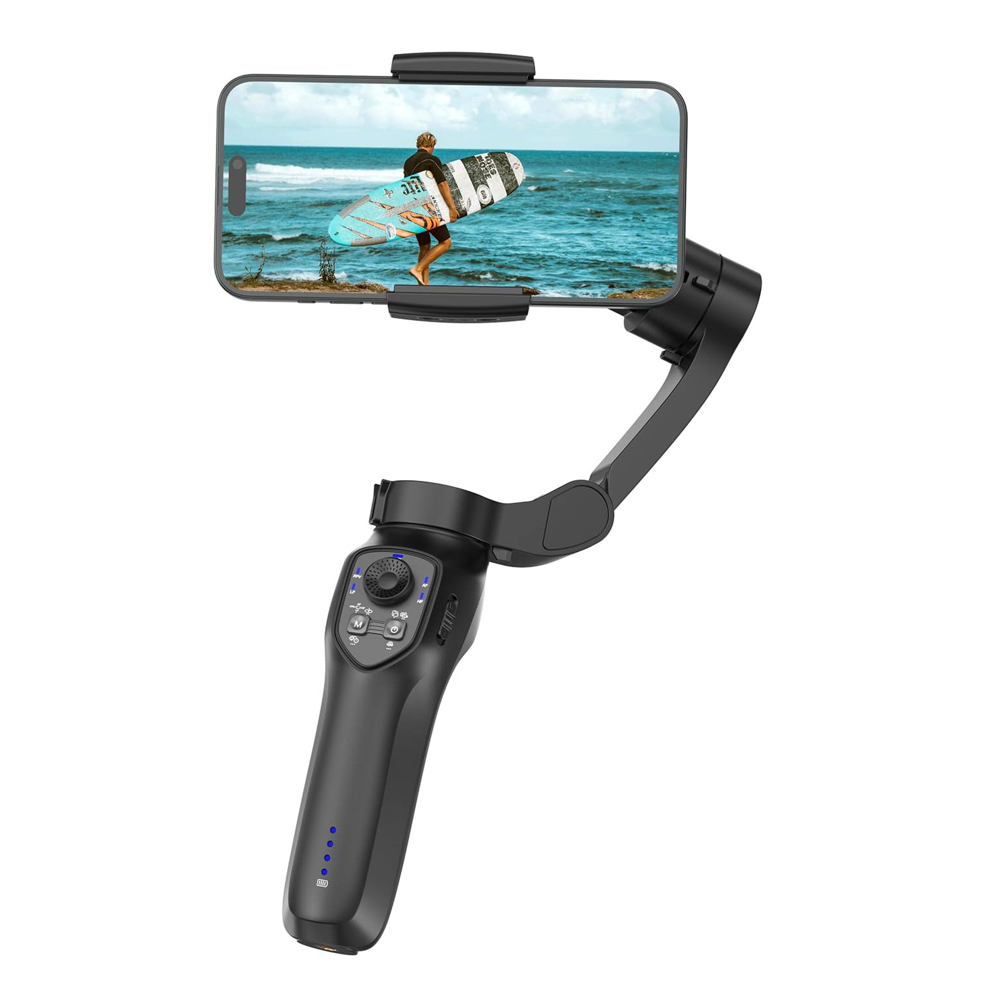 Front. PRIMEPLUS - Gimbal Stabilizer - 3-Axis Foldable with Face/Obj AI Tracking, Video/Vlog - for Smartphone - Black.