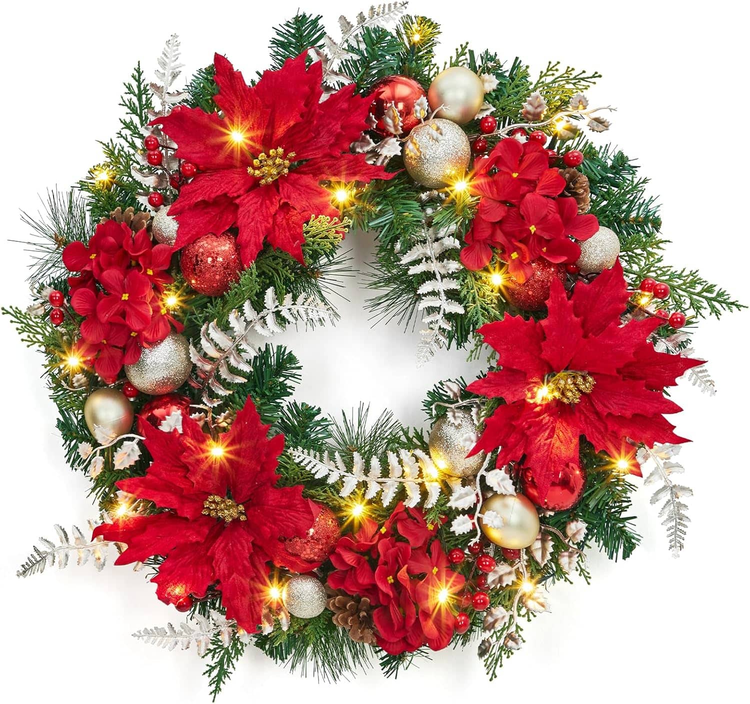 Jojoka - 24 Inch Pre-Lit Christmas Wreath for Grand Entryway and Entrance Displays - Green