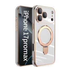 Dteck - Mag Safe Case for Apple iPhone 17 Pro Max,Slim Shockproof TPU Case with Metal Stand Plated Bumper Bulit in Lens Film - White