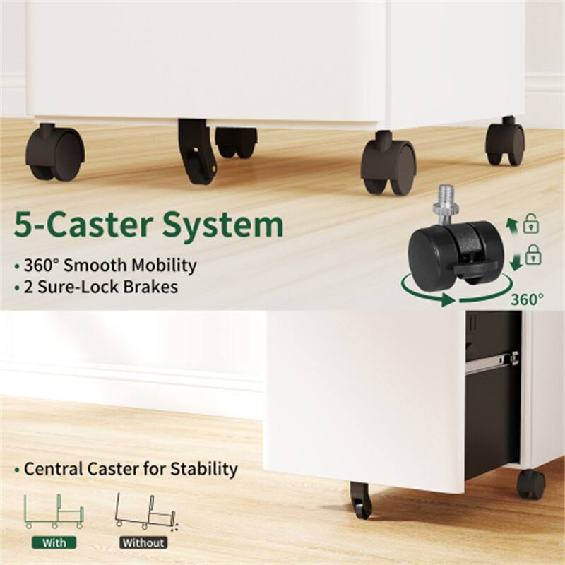 5-Caster System  
- 360° Smooth Mobility  
- 2 Sure-Lock Brakes  
- Central Caster for Stability  
  With  
  Without