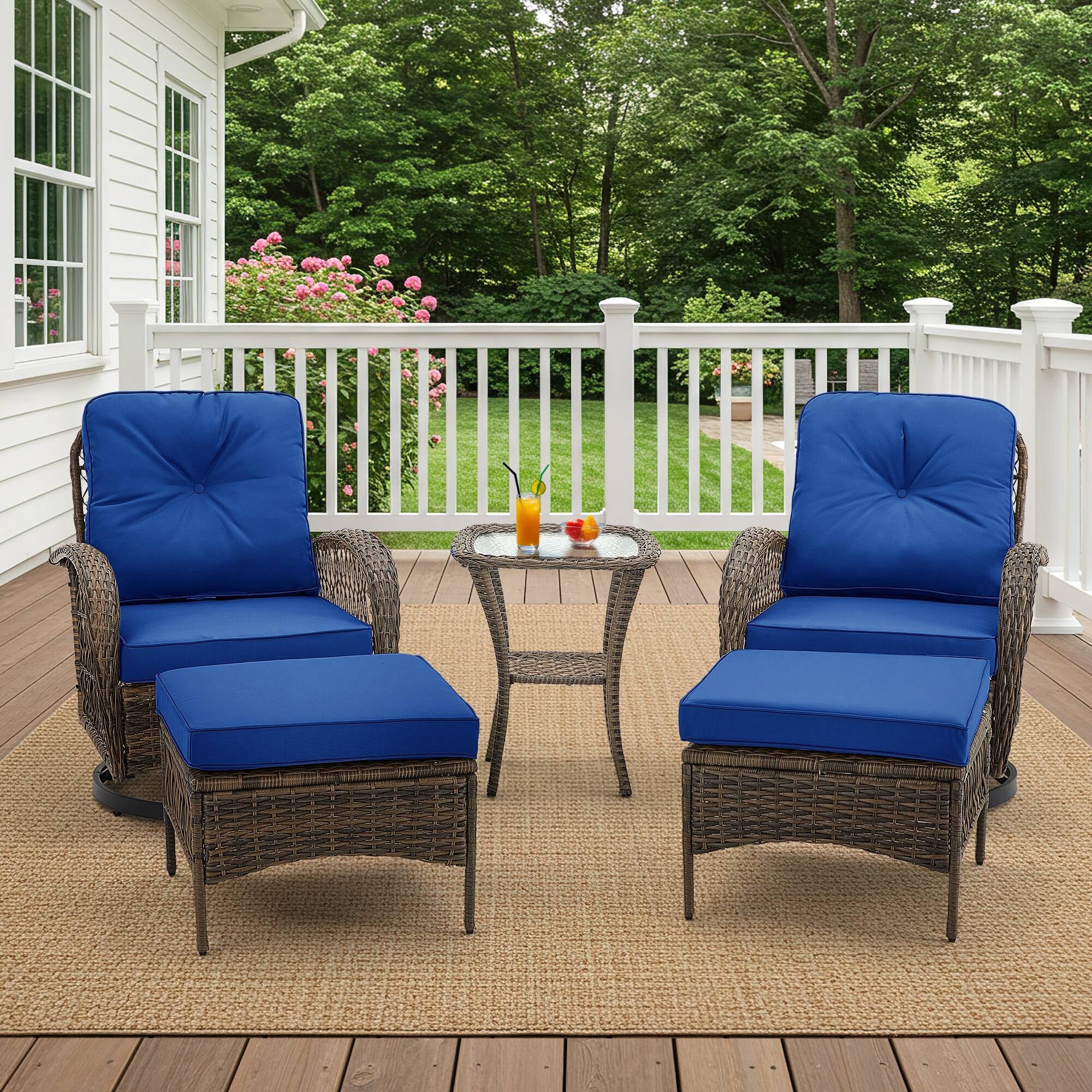 Left. U-HOMY - 360° Swivel Rocking Patio Chairs with Cushions & Tempered Glass Table, Wicker Conversation Set, 5-Piece - Navy Blue.