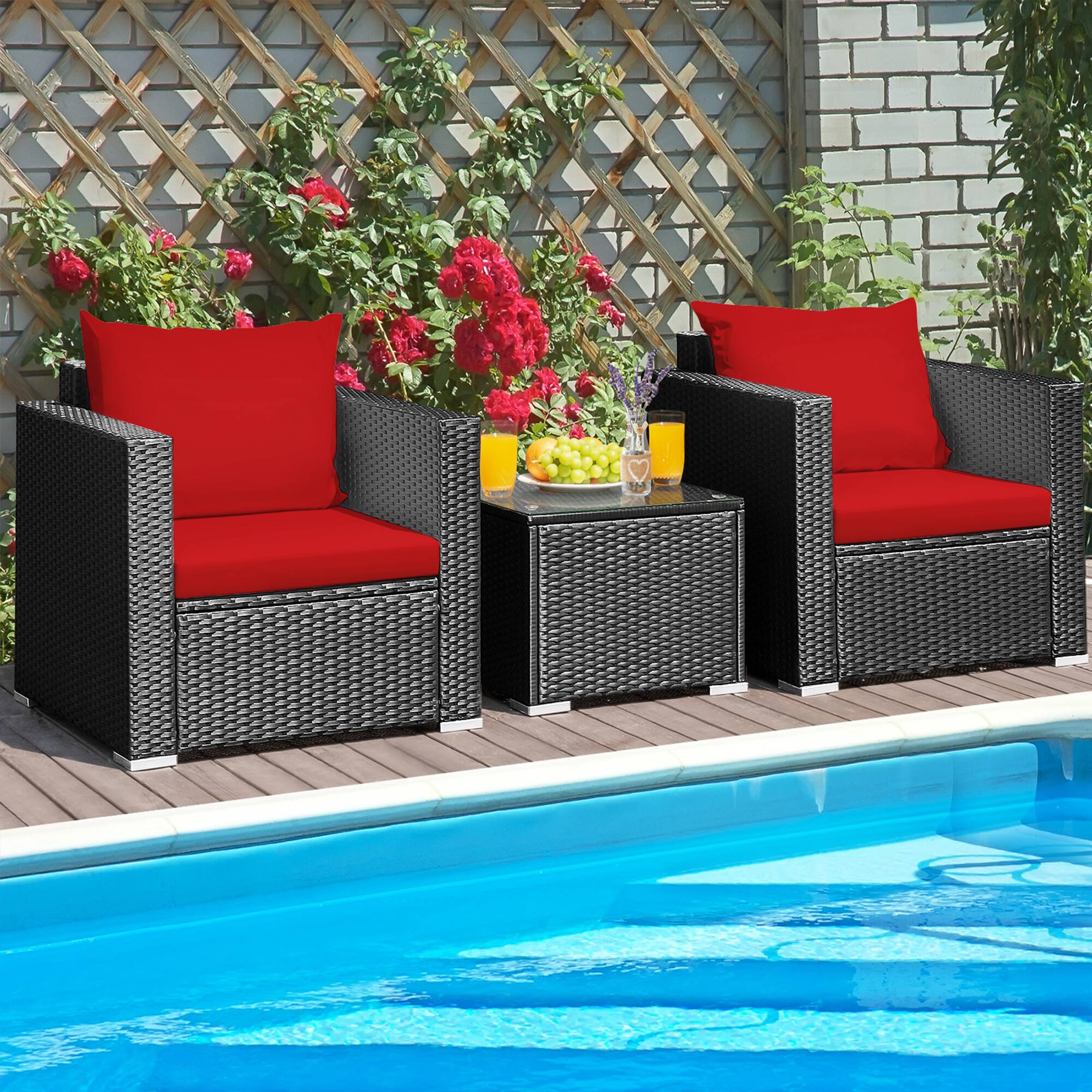 Alt View 2. Gymax - Gymax 3PCS Rattan Patio Conversation Furniture Set Outdoor w/ Red Cushions - Black.