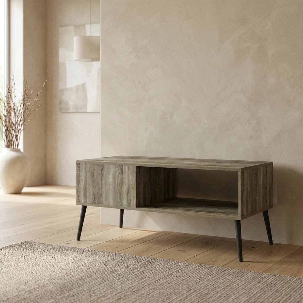 Left. FurniFact - Light Wood Mid Century TV Stand for TVs Up to 40 with Wood Legs - French Oak.