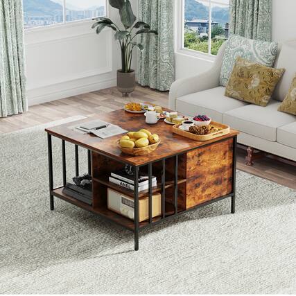 Front. Lirago - 32" Farmhouse Lift Top Coffee Table with Storage Hidden Compartment 3 Shelves Multifunctional Center Table - Brown.