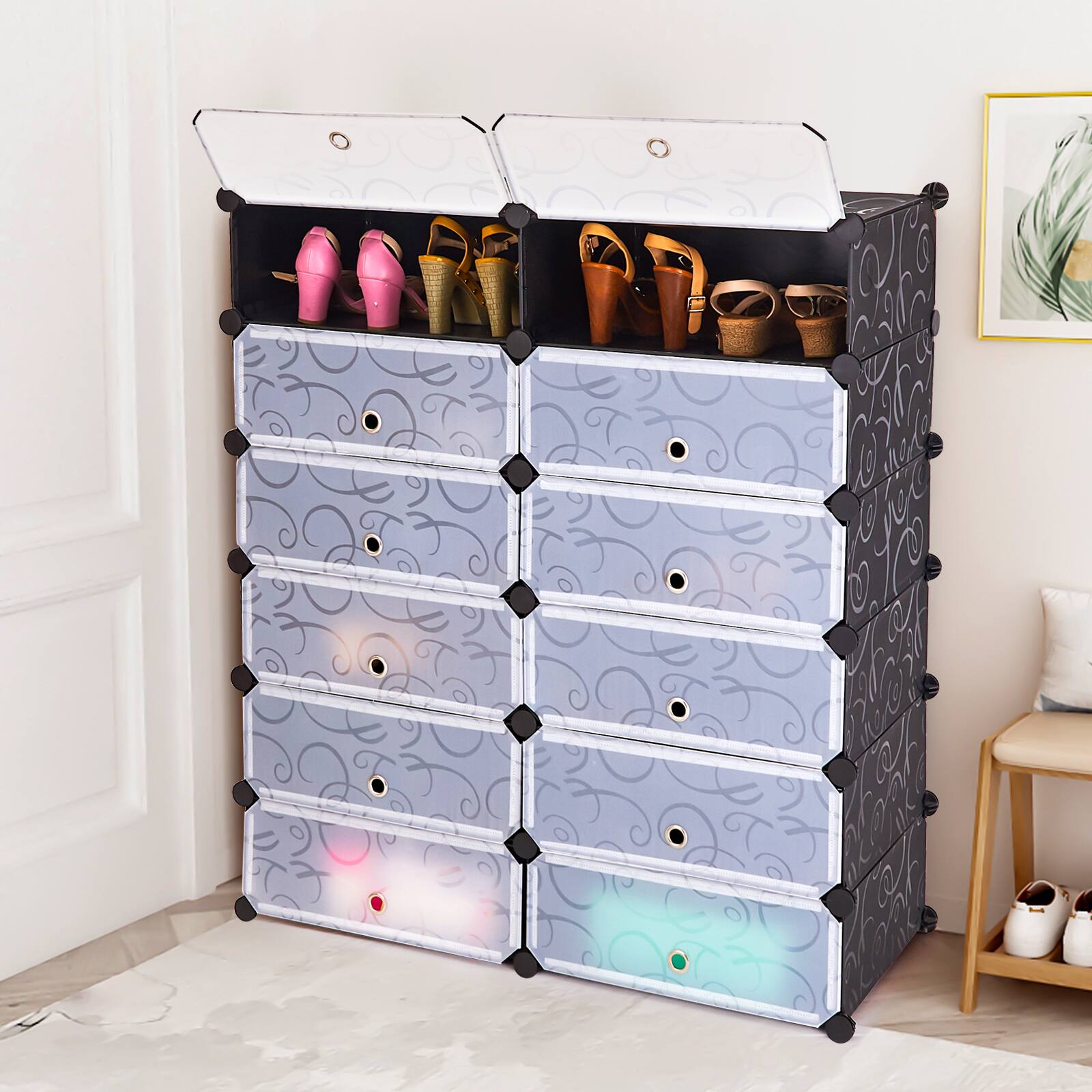 Alt View 8. Ecooso - 12-Cube DIY Portable Plastic Shoe Rack with Transparent Doors - Black.