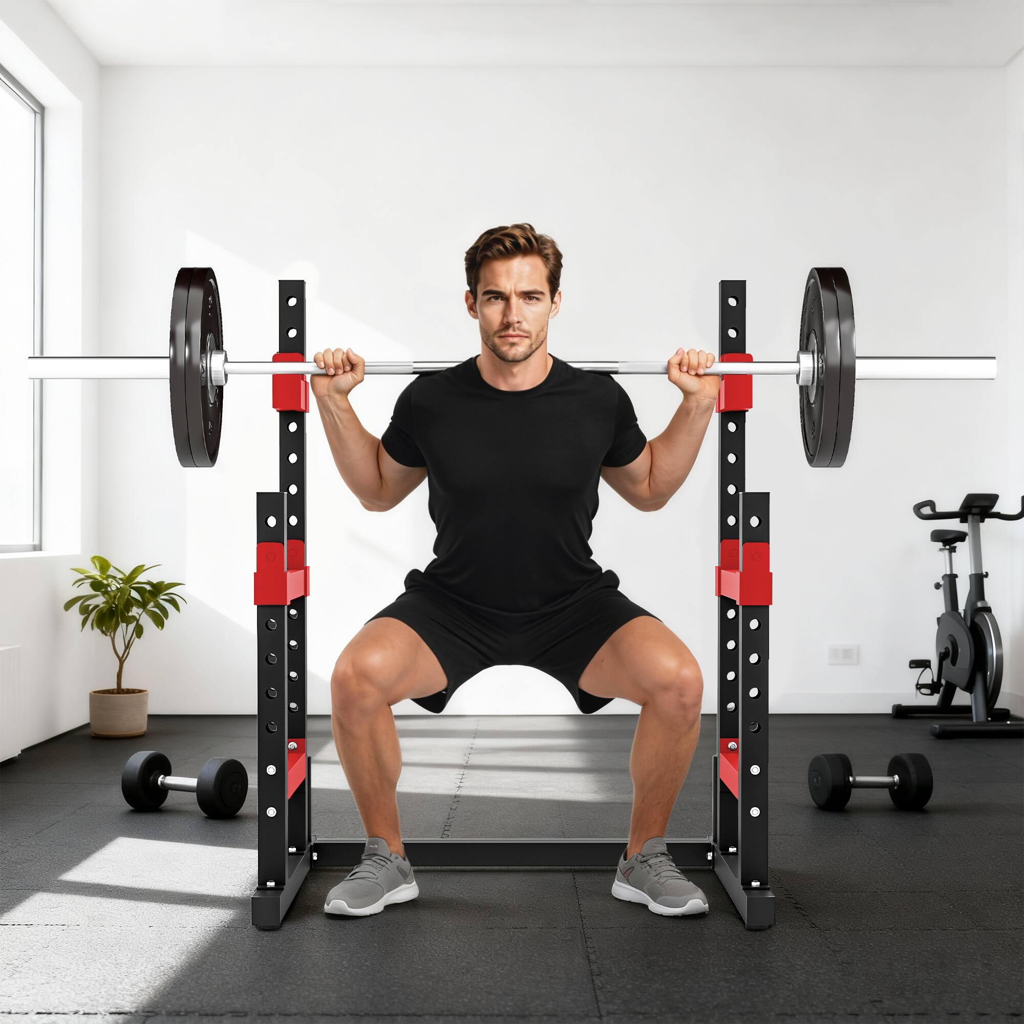 Alt View 8. Soozier - Adjustable Squat Rack, Multi-Functional Bench Press Rack, Heavy Duty Barbell Stand with Weight Plate Holders - Red.