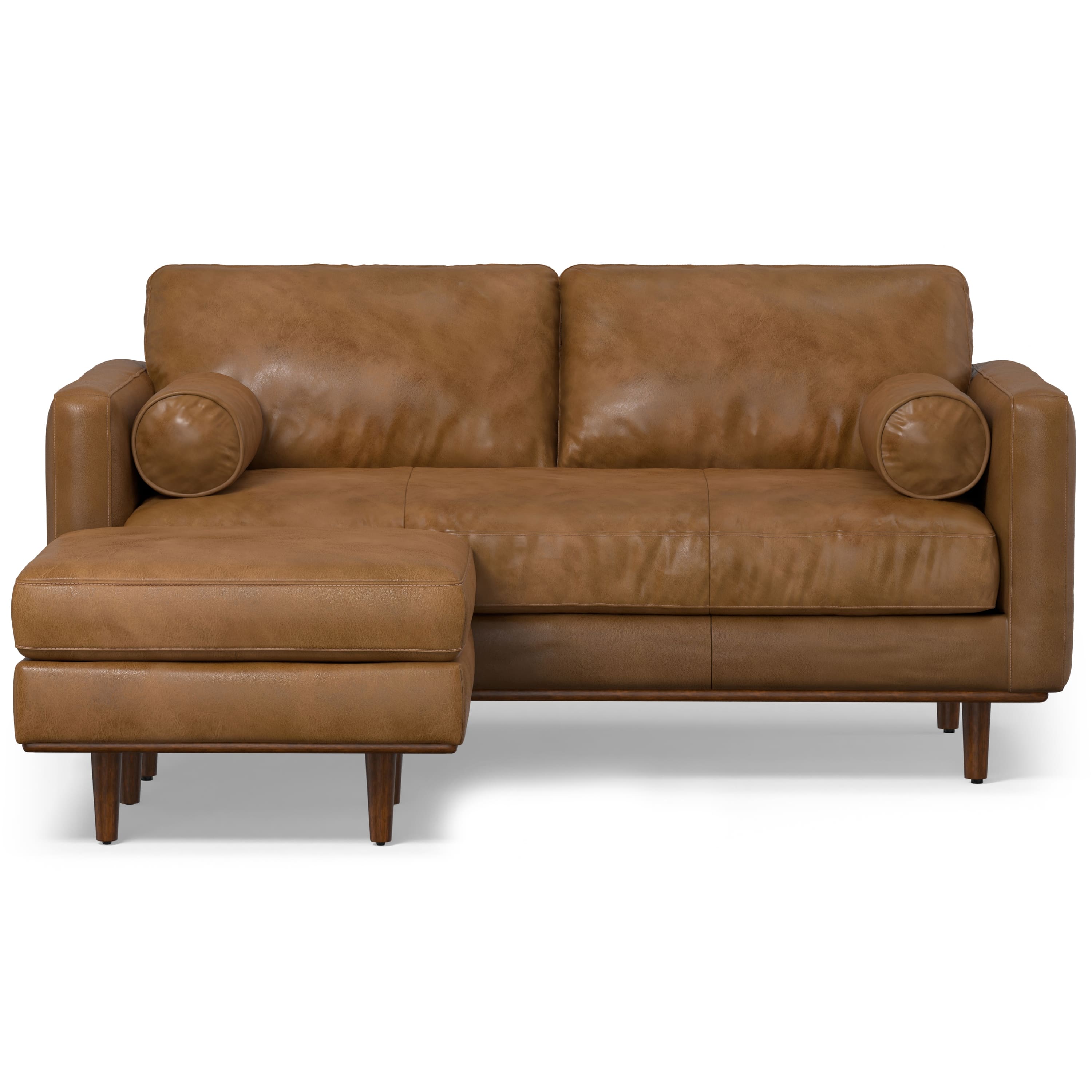 Simpli Home - Morrison Mid-Century Modern 72 inch Wide Sofa with Ottoman Set in Caramel Brown Genuine Leather - Caramel Brown - Thumbnail 3
