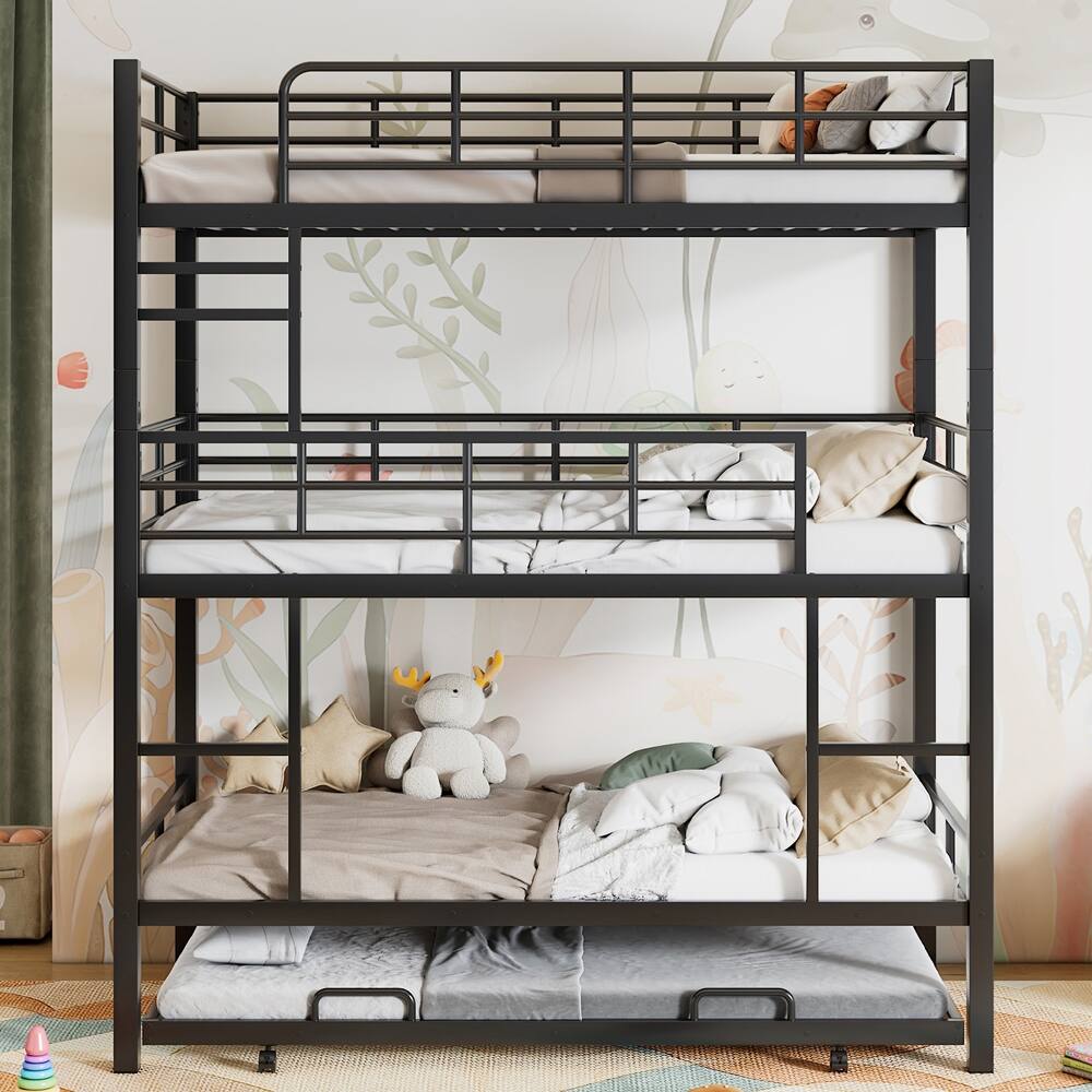 Back. Loheer - Loheer Metal Twin Size Triple Bunk Bed with Trundle Black Heavy Duty Steel 3 Tier Bunk Bed Space-Saving Design - Black.