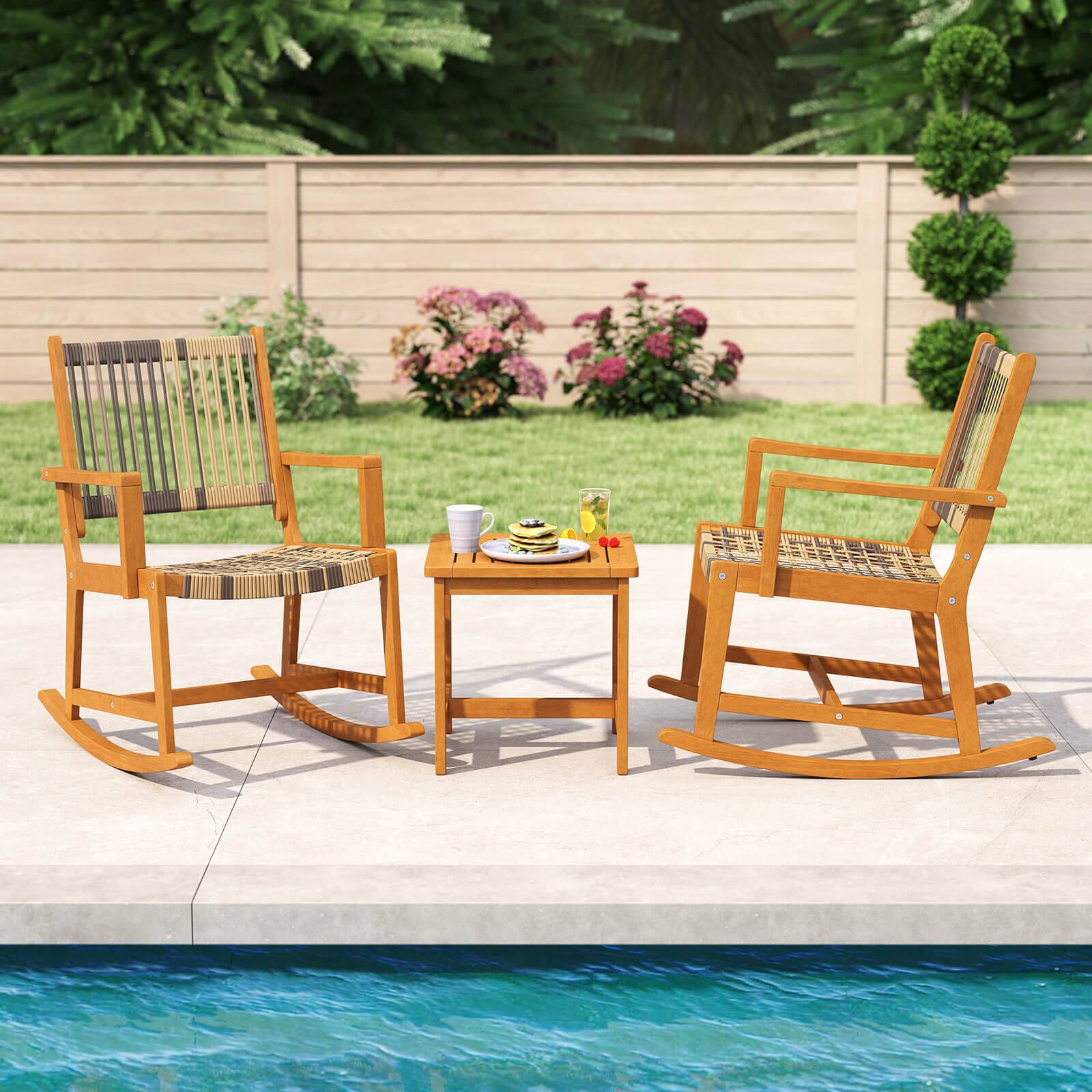 Alt View 4. Costway - Costway 3 Piece Patio Rocking Set with Rattan Seat & Back Square Side Table for Porch - Brown.