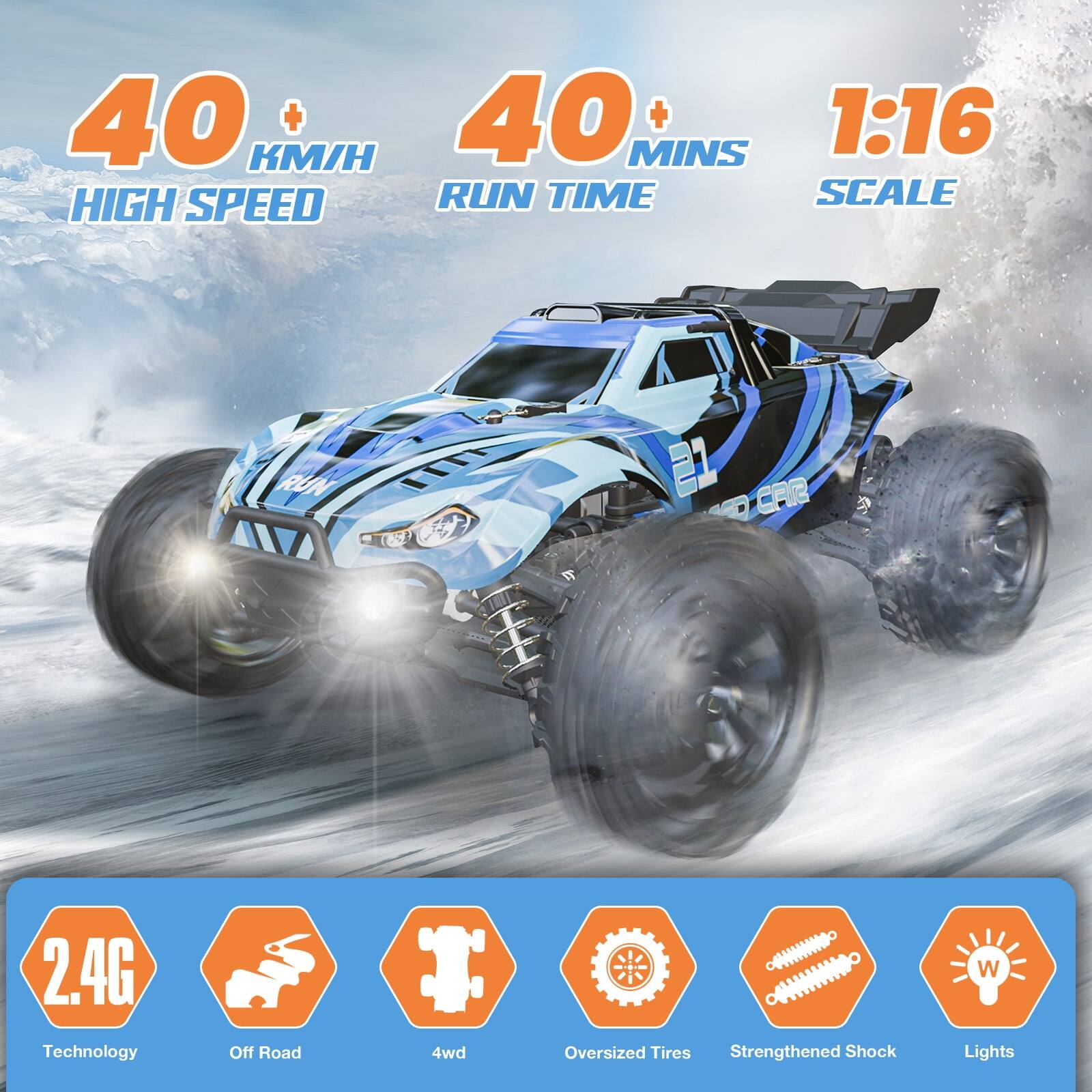 40+ KM/H HIGH SPEED  
40+ MINS RUN TIME  
1:16 SCALE  

2.4G Technology  
Off Road  
4WD  
Oversized Tires  
Strengthened Shock  
Lights