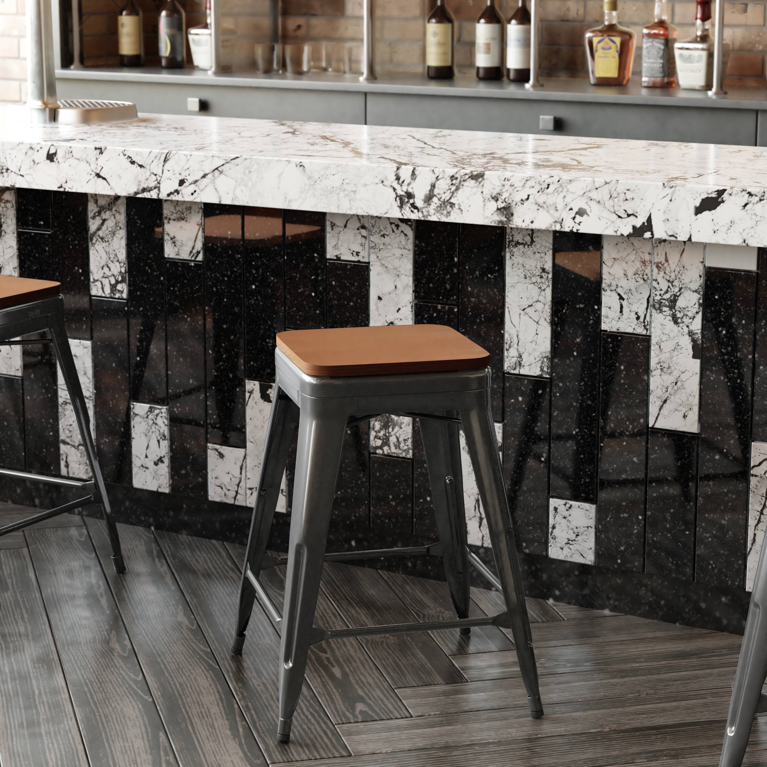 Alt View 4. Emma + Oliver - Kam Backless Metal Indoor-Outdoor Stool with All-Weather Polystyrene Seat - Teak Seat/Black Frame.