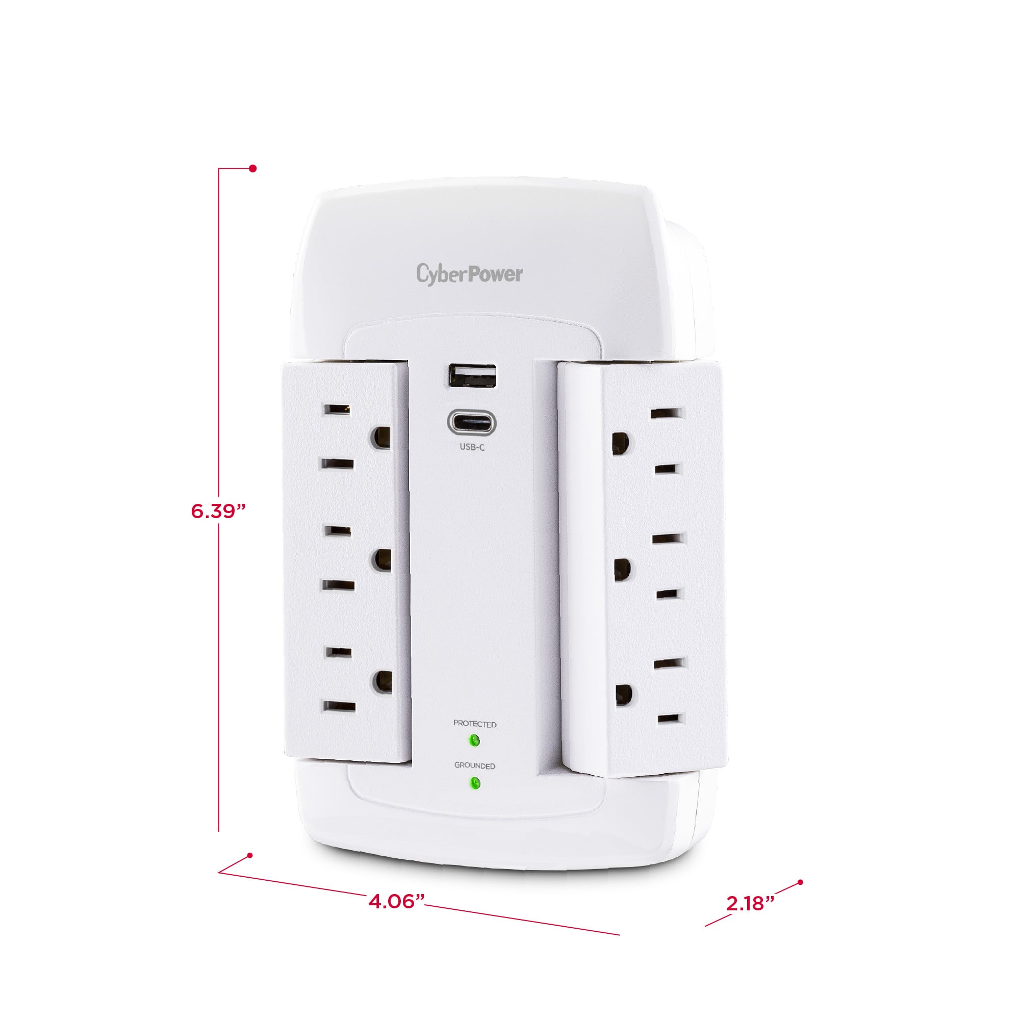 CyberPower is a company that manufactures and sells power strips. The image shows a CyberPower power strip with four outlets and a USB port. The dimensions of the power strip are 6.39 inches in length, 4.06 inches in width, and 2.18 inches in height.