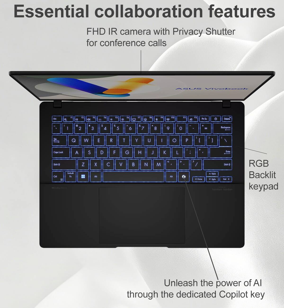 Essential collaboration features

FHD IR camera with Privacy Shutter for conference calls

RGB Backlit keypad

Unleash the power of AI through the dedicated Copilot key