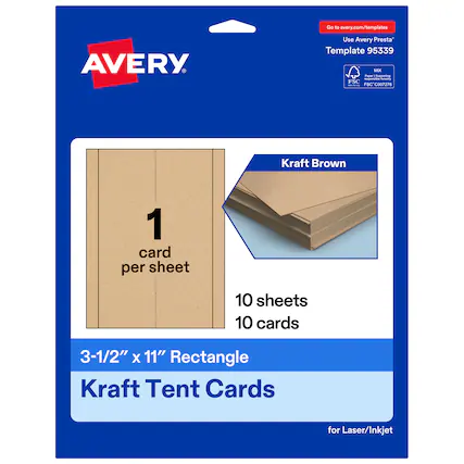 Go to avery.com/templates
Use Avery Presta Template 95339
MX Kraft Brown
FSC - I - FSC 9C007276
1 card per sheet
10 sheets
10 cards
3-1/2" x 11" Rectangle Kraft Tent Cards for Laser/Inkjet