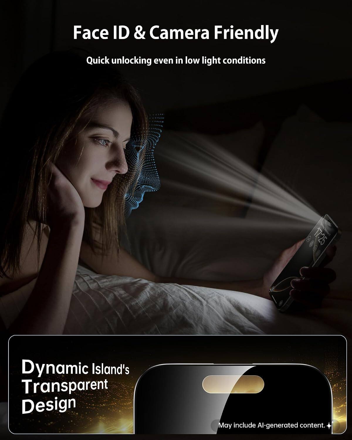 Face ID & Camera Friendly  
Quick unlocking even in low light conditions  

17:25  

Dynamic Island's Transparent Design  

May include AI-generated content.