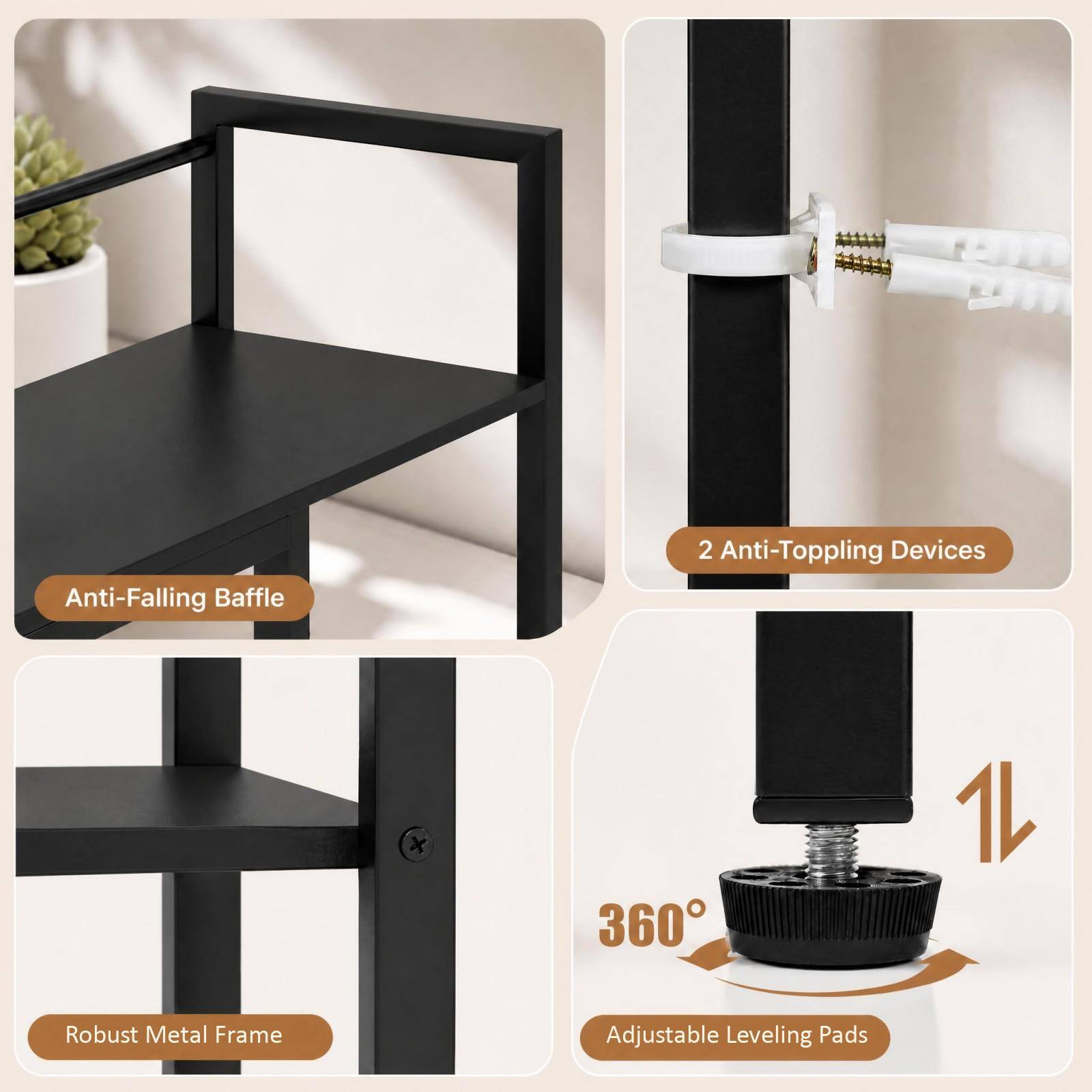 Anti-Falling Baffle  
2 Anti-Toppling Devices  
360°  
Robust Metal Frame  
Adjustable Leveling Pads