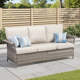 Mondawe - 76.7" Wide Outdoor Wicker Patio Sofa with Beige Cushions - Beige+Gray