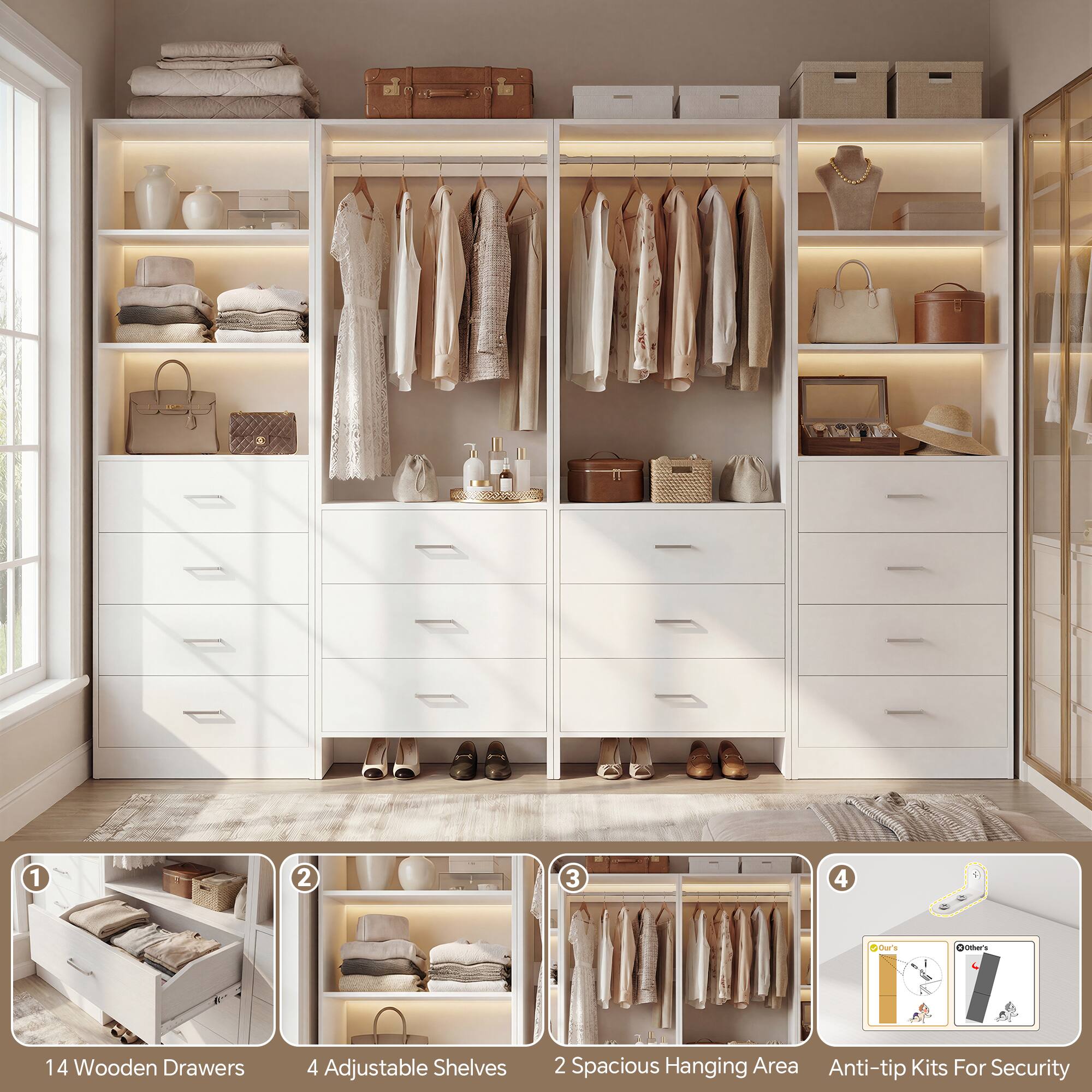 1. 14 Wooden Drawers
2. 4 Adjustable Shelves
3. 2 Spacious Hanging Area
4. Anti-tip Kits For Security