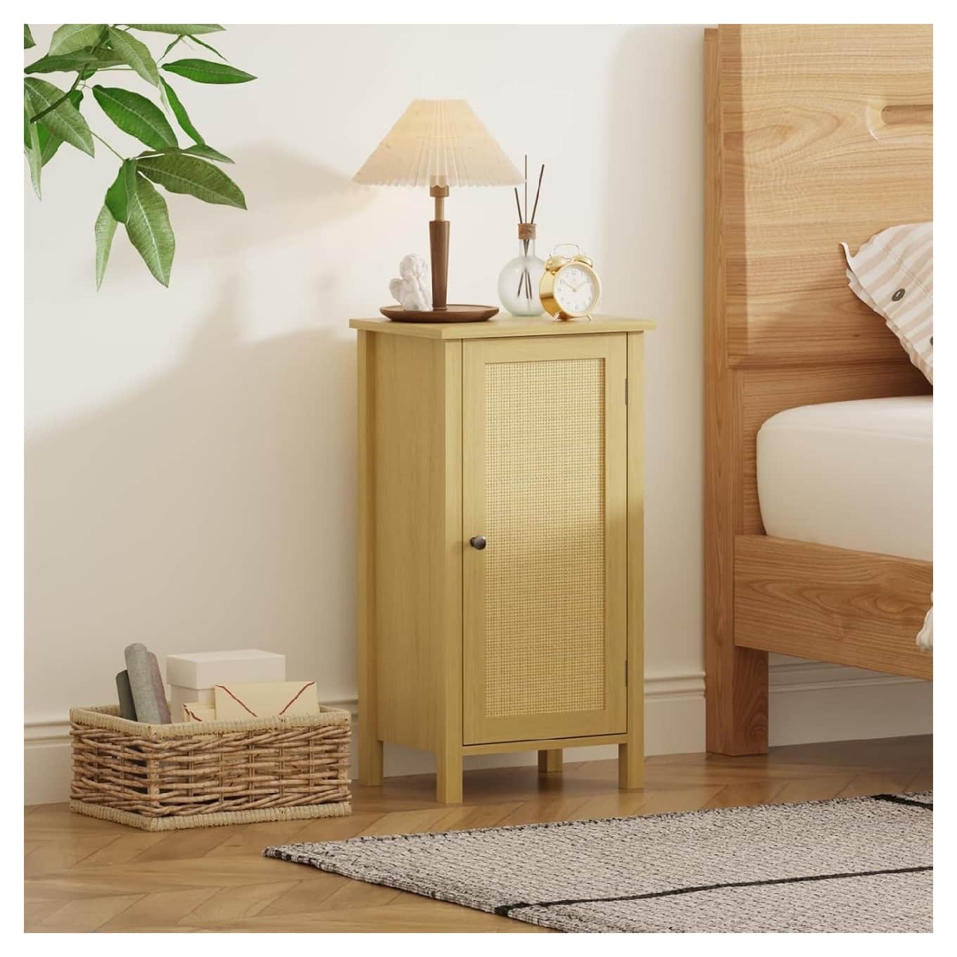 GARVEE - Bamboo Storage Cabinet with Woven Rattan Door, 2-Tier Space-Saving Freestanding Organizer, Color - Natural