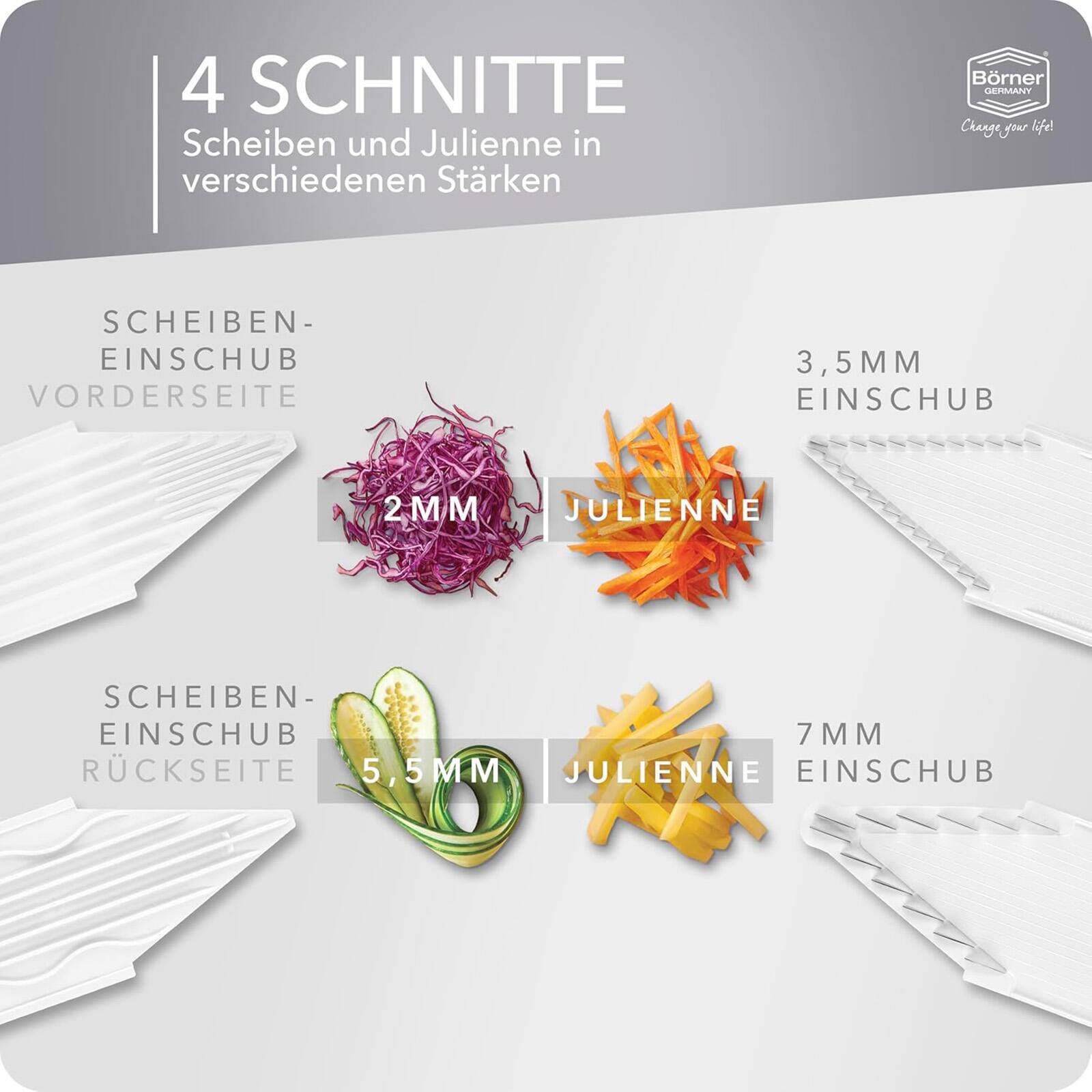 4 SCHNITTE  
Scheiben und Julienn in verschiedenen Stärken

Bröner GERMANY  
Change your life!

SCHIEBEN-EINSCHUB VORDERSEITE  
3,5MM EINSCHUB  
2MM JULIENNE  
SCHIEBEN-EINSCHUB RÜCKSEITE 5,5MM JULIENNE EINSCHUB