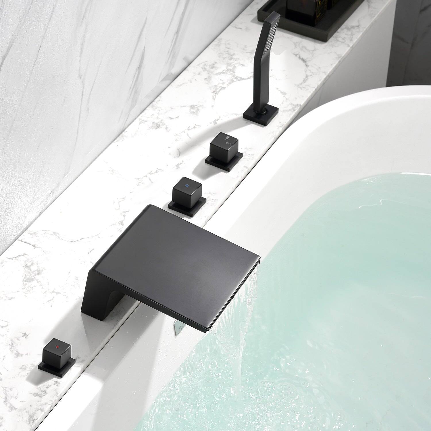 Alt View 3. Boyel Living - 7 in.W Black Sloped Bathtub Hot and Cold Water Faucet with Handheld Shower and Waterfall Outlet 5-Hole - Matte Black.