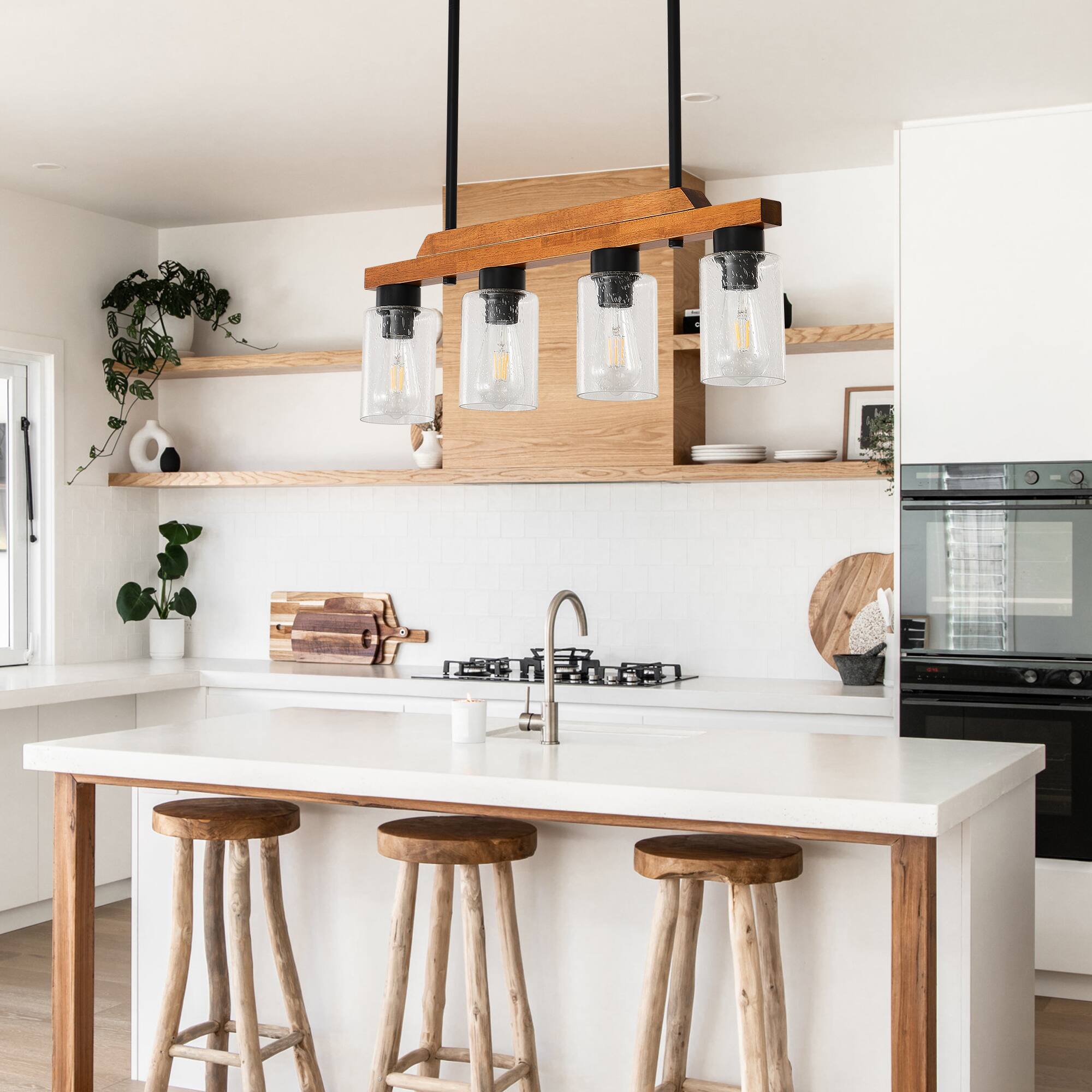 Alt View 1. RYHNUYNE - 4-Light Rustic Chandelier 28 Inch Wood Linear Pendant Light with Seed Glass Shades Adjustable Farmhouse Island Lighting.