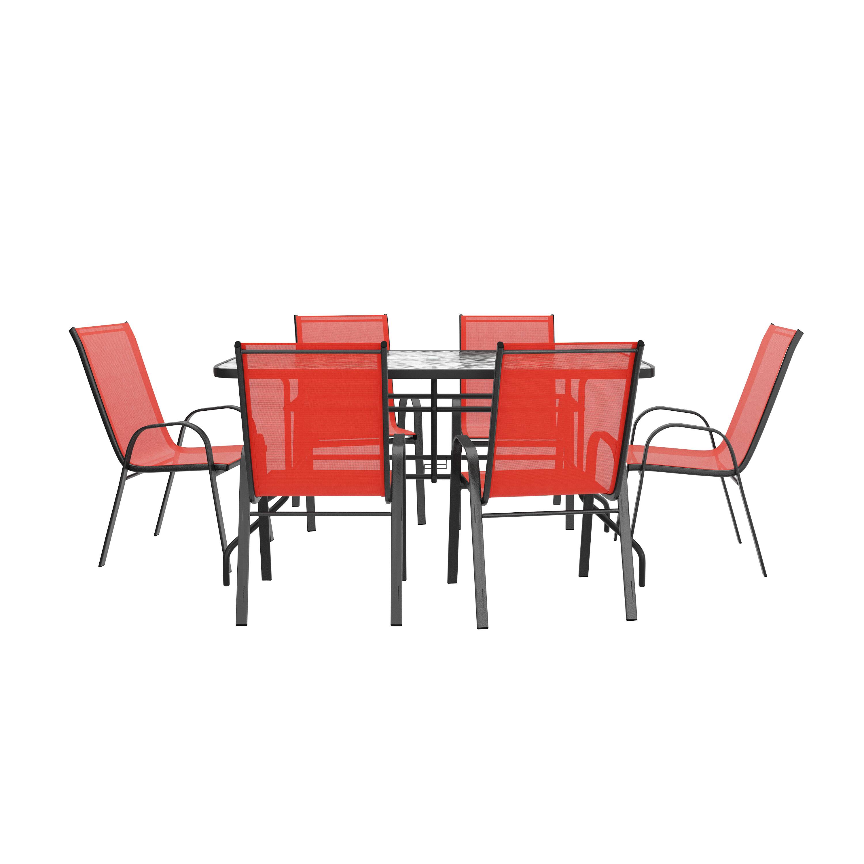 Alt View 8. Emma + Oliver - Seven Piece Patio Table Set with Metal Table with Tempered Glass Top and 6 Flex Comfort Stacking Chairs - Red.