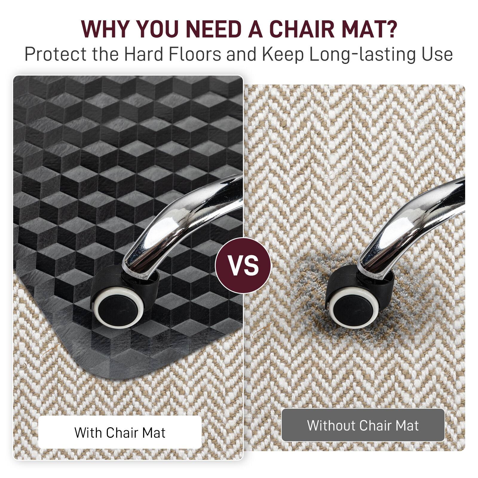 WHY YOU NEED A CHAIR MAT?  
Protect the Hard Floors and Keep Long-lasting Use  

VS  

With Chair Mat  
Without Chair Mat