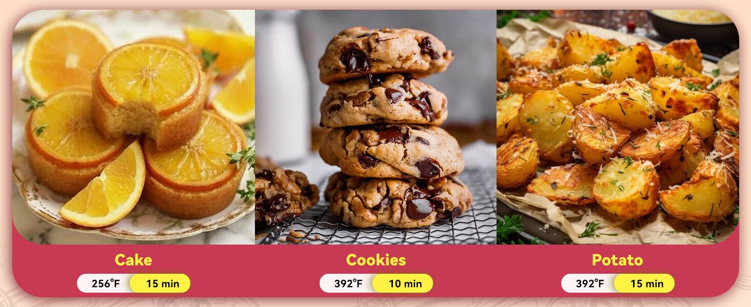 Cake: 256F 15 min  
Cookies: 392F 10 min  
Potato: 392F 15 min