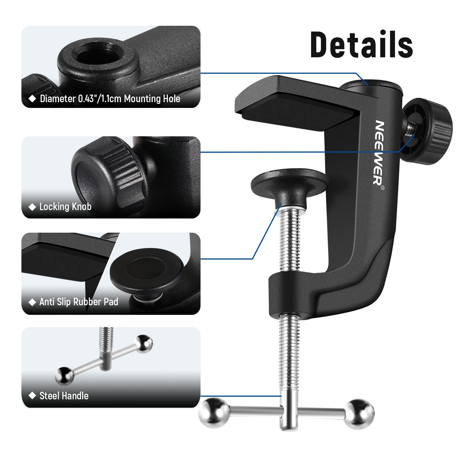 Details  
- Diameter 0.43"/1.1cm Mounting Hole  
- Locking Knob  
- Anti Slip Rubber Pad  
- Steel Handle